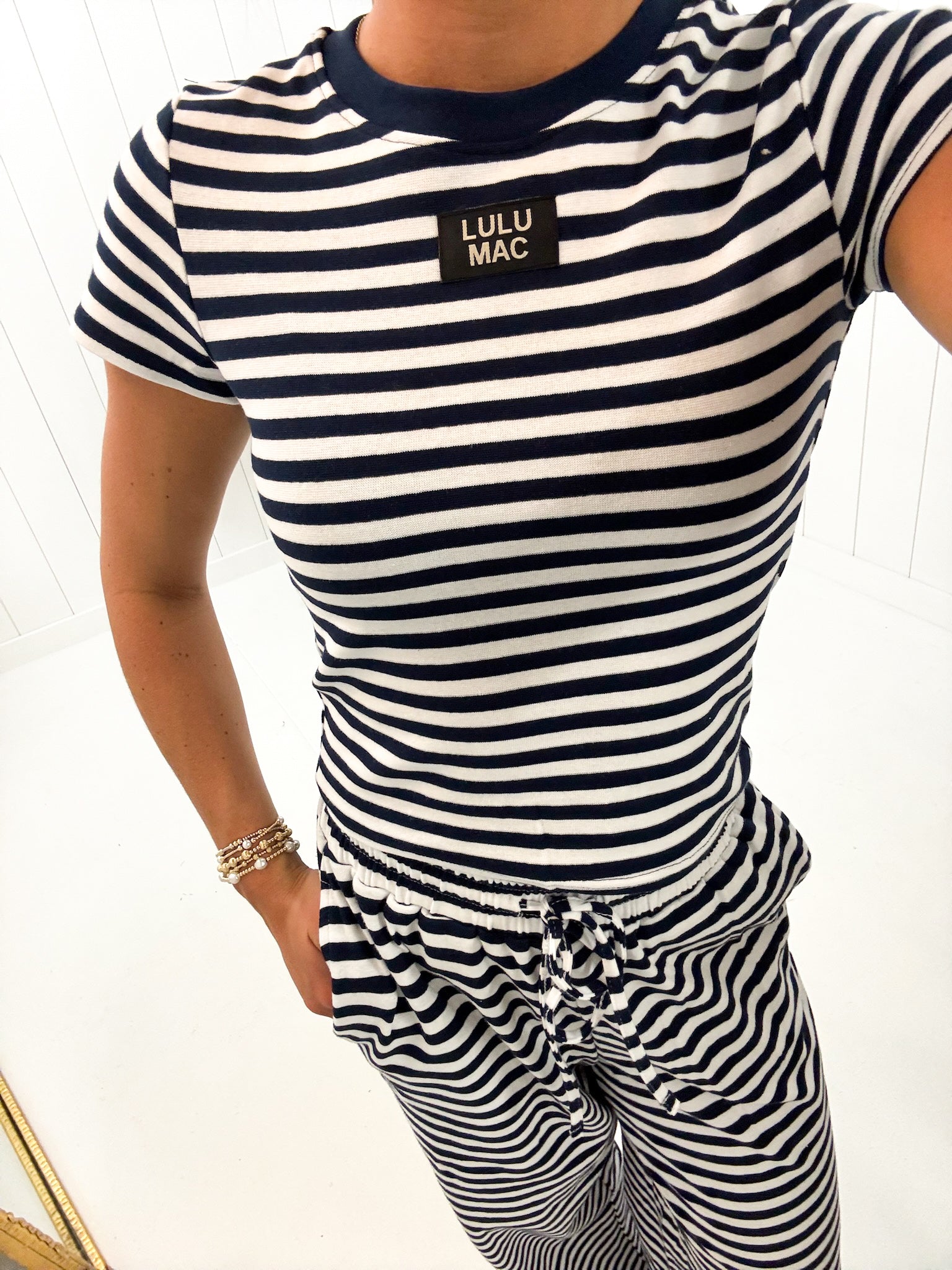 Navy Stripe Baby Doll Top Lulu Mac showing classic crew neckline