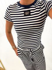 Navy Stripe Baby Doll Top Lulu Mac showing classic crew neckline