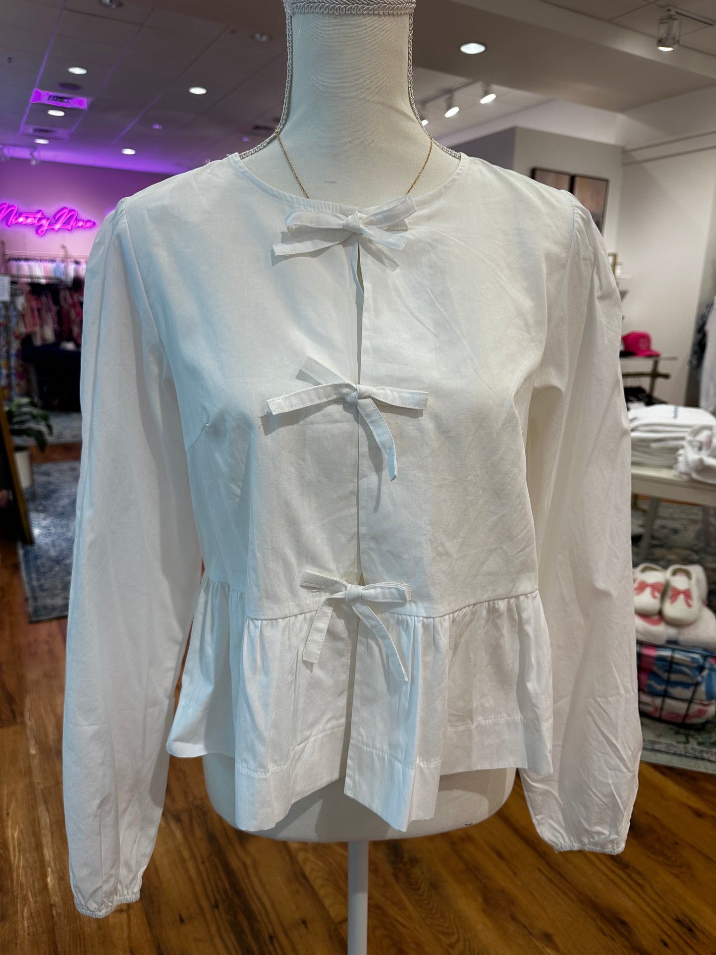 White Long Sleeve Bow Front Top