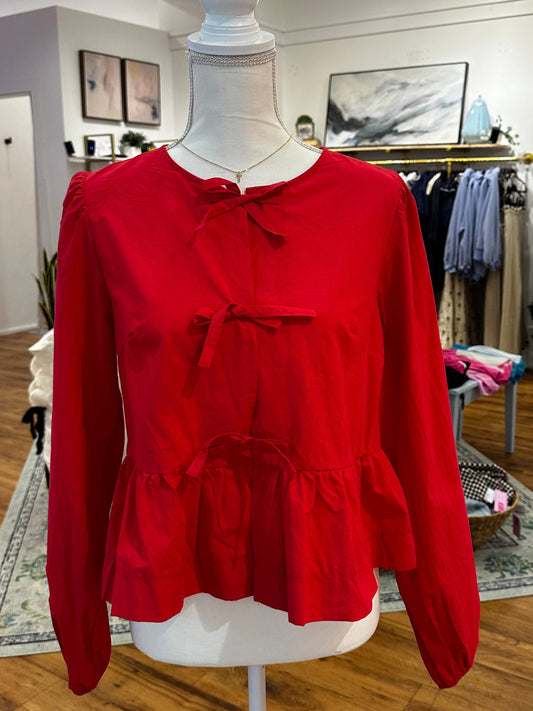 Red Long Sleeve Bow Front Top