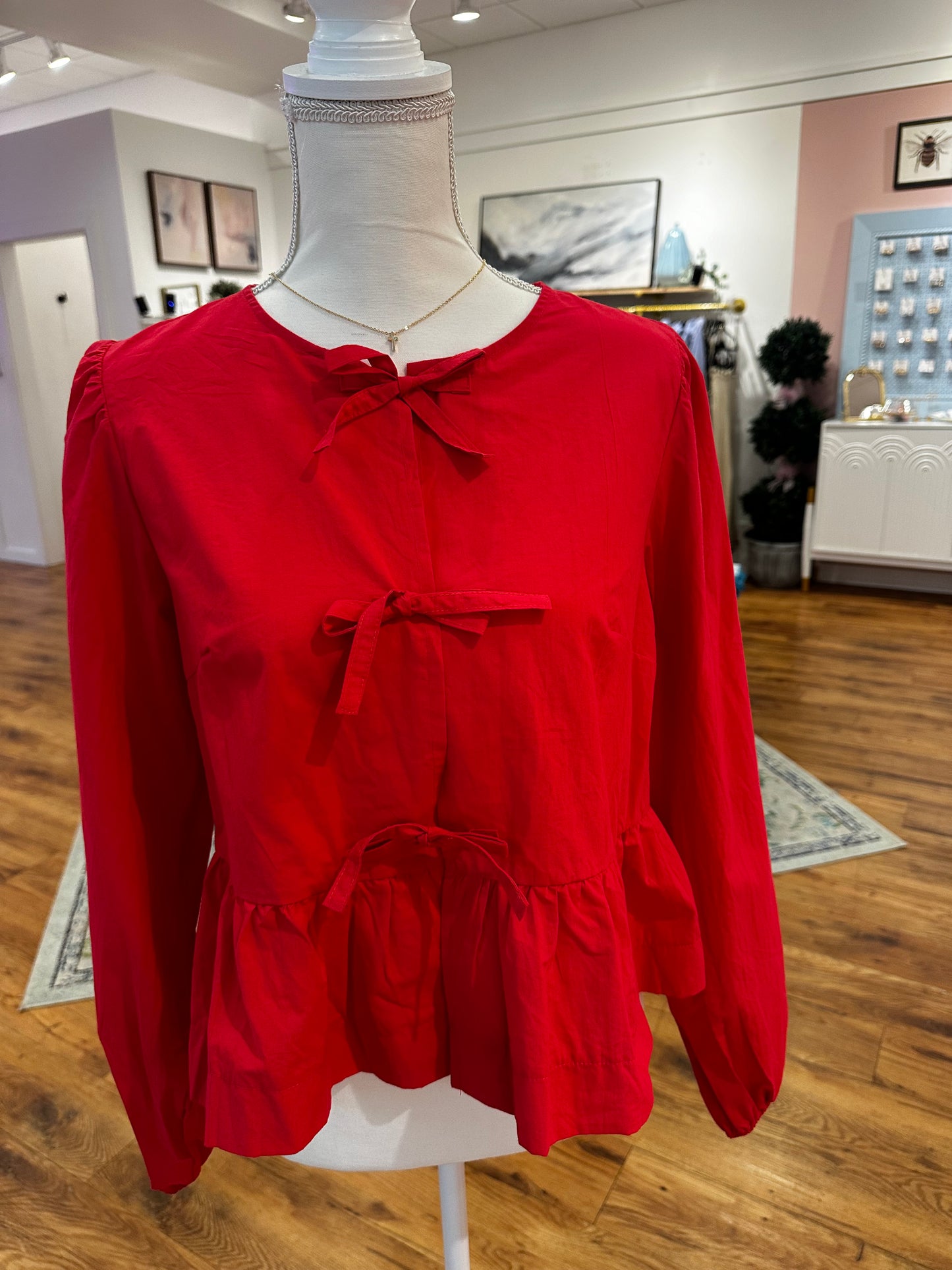 Red Long Sleeve Bow Front Top