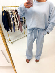 Blue Waffle Knit Pants Lulu Mac showing adjustable drawcord