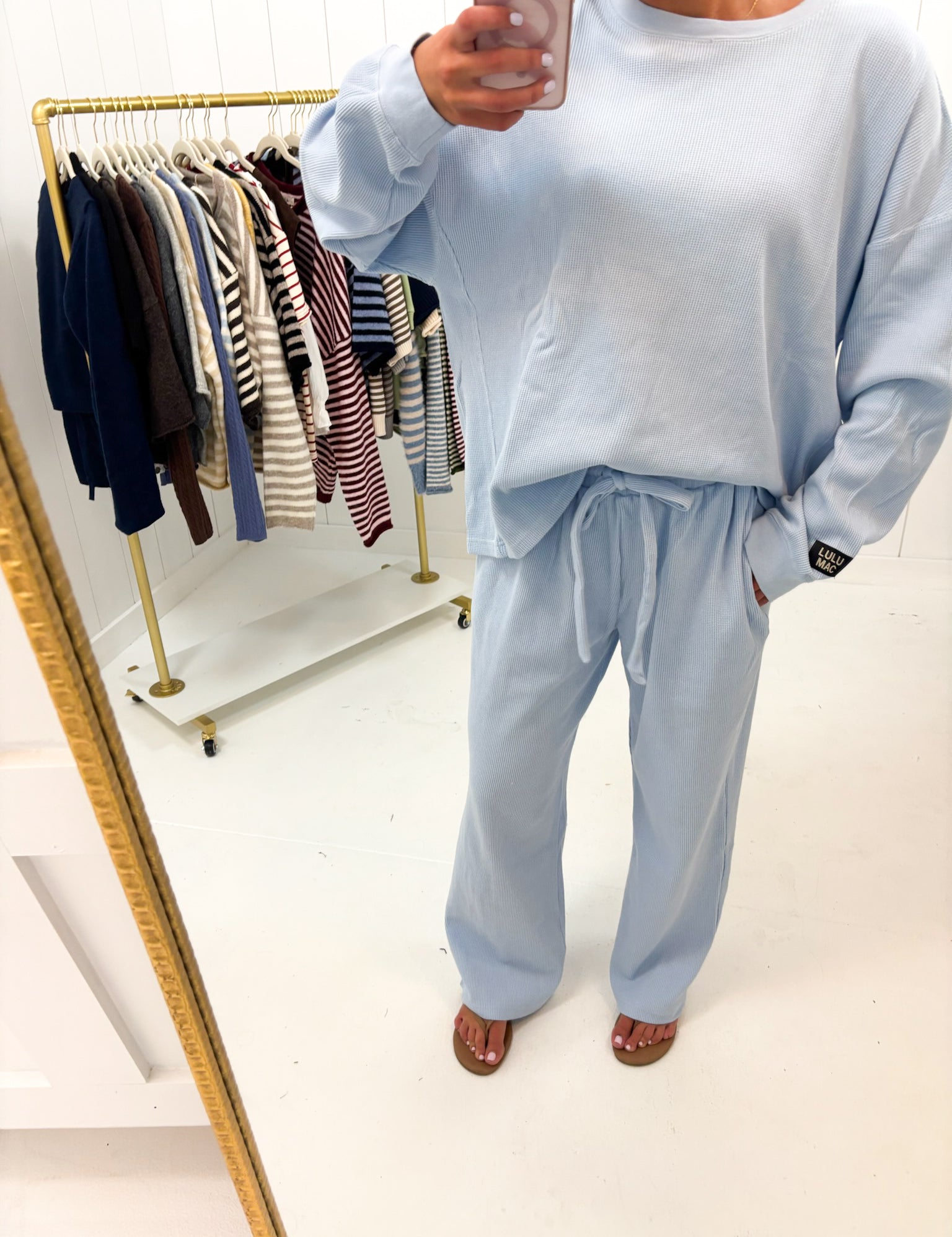 Blue Longsleeve Waffle Top Lulu Mac showing slip-on style