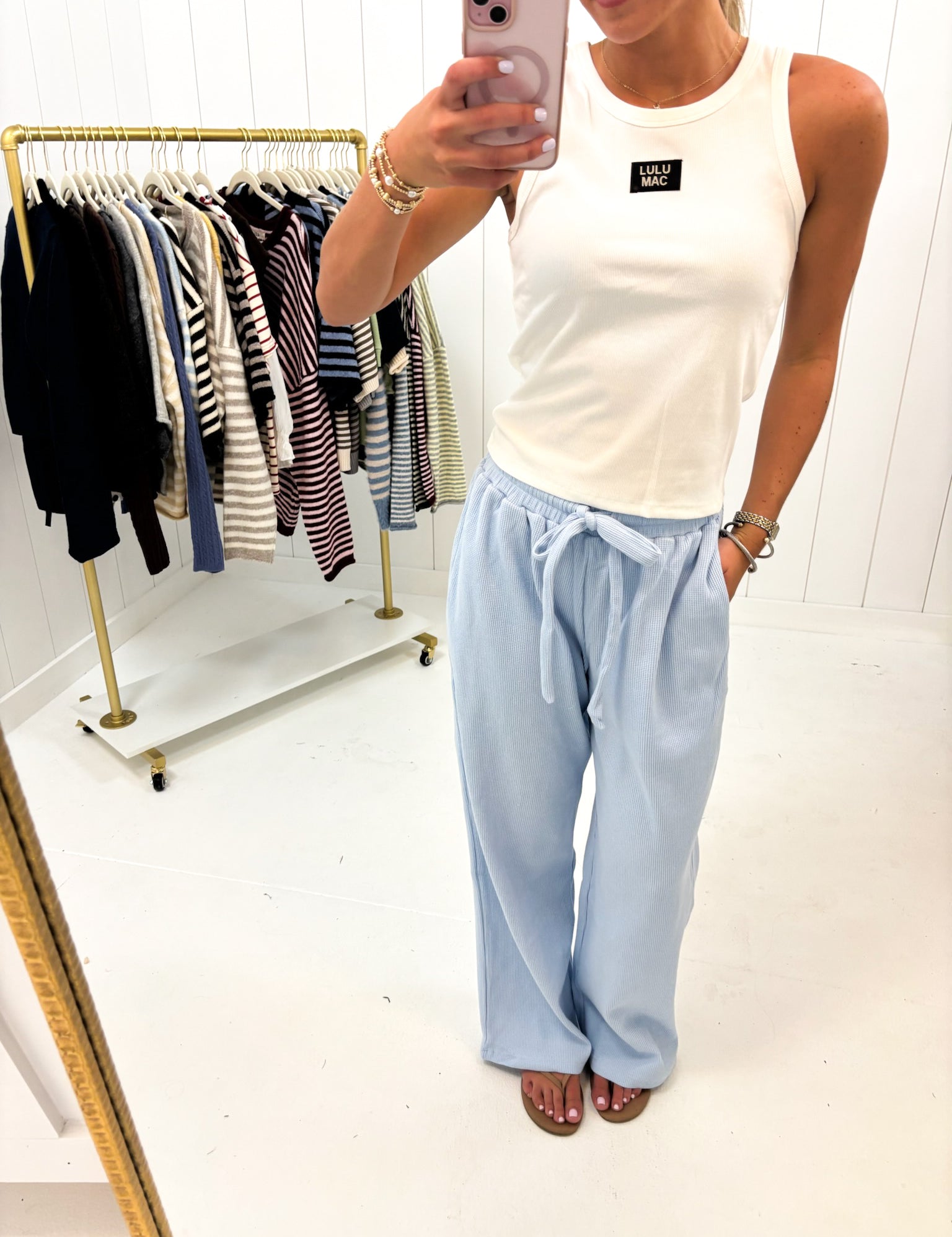 Blue Waffle Knit Pants Lulu Mac showing ultra-soft waffle knit fabric