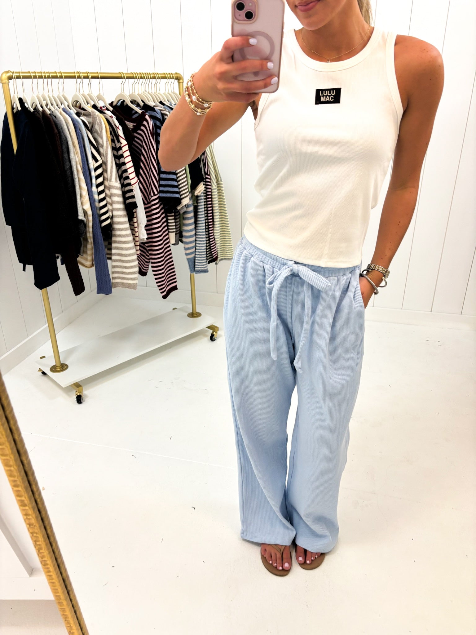Blue Waffle Knit Pants Lulu Mac showing ultra-soft waffle knit fabric