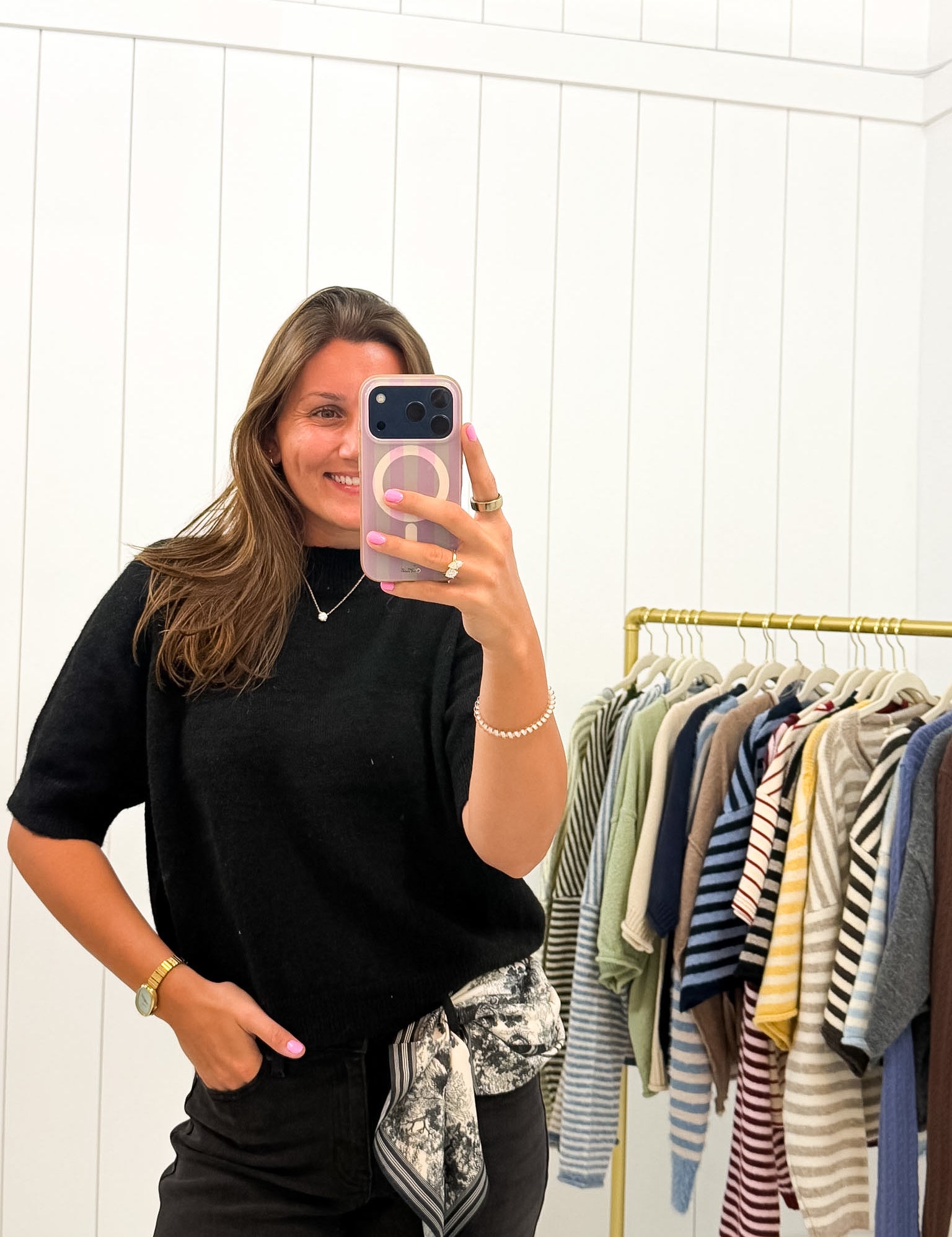 Black Crewneck Short Sleeve Sweater — ribbed hem