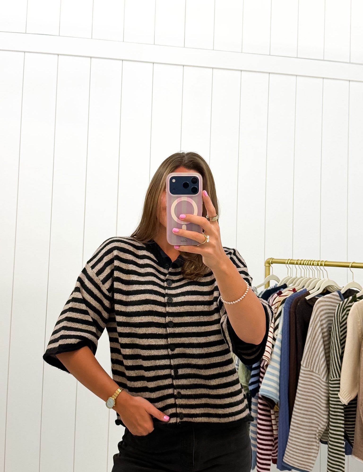 Black & Taupe Stripe Quarter Sleeve Cardigan showing knit sweater