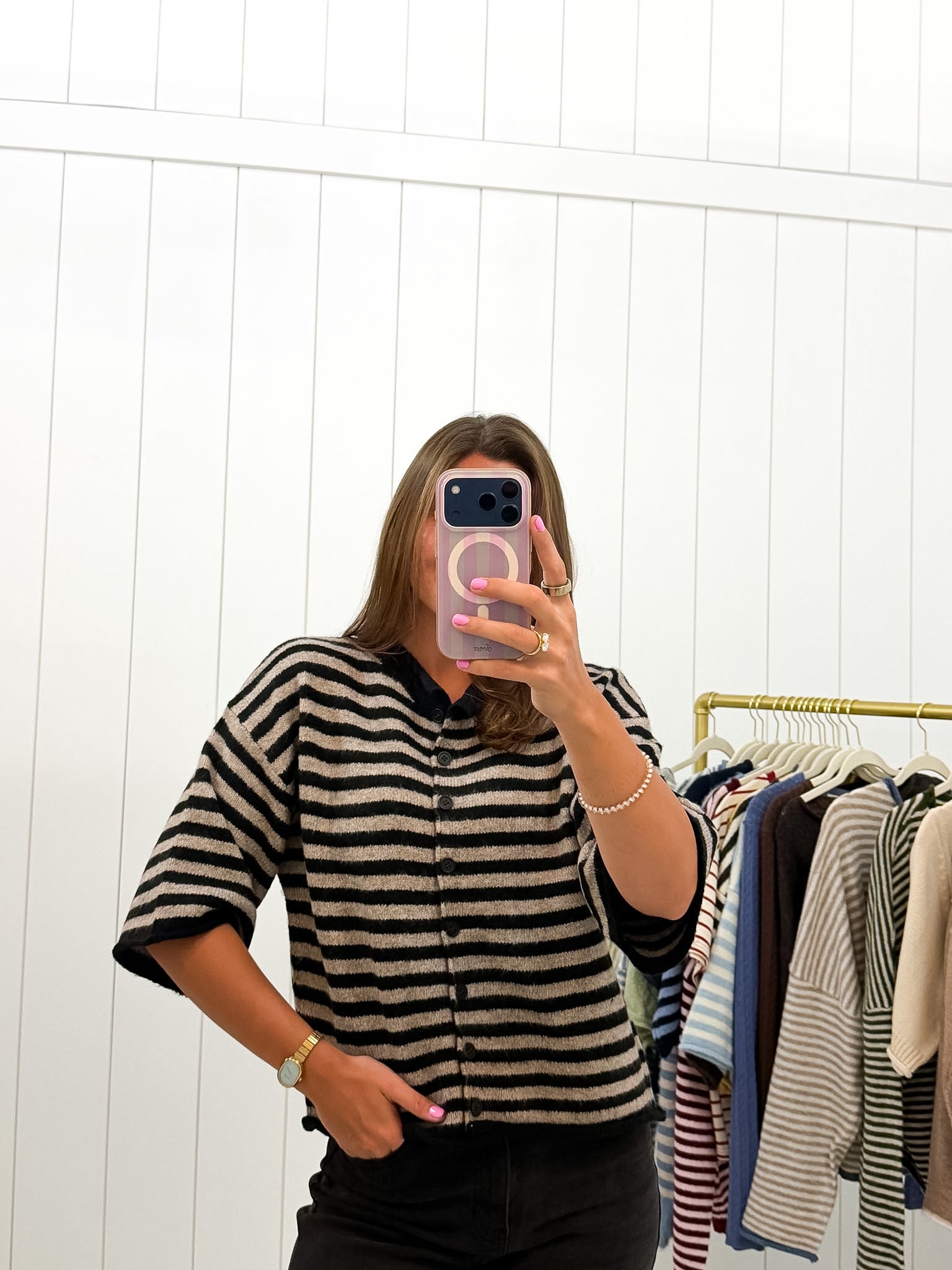 Black & Taupe Stripe Quarter Sleeve Cardigan showing knit sweater