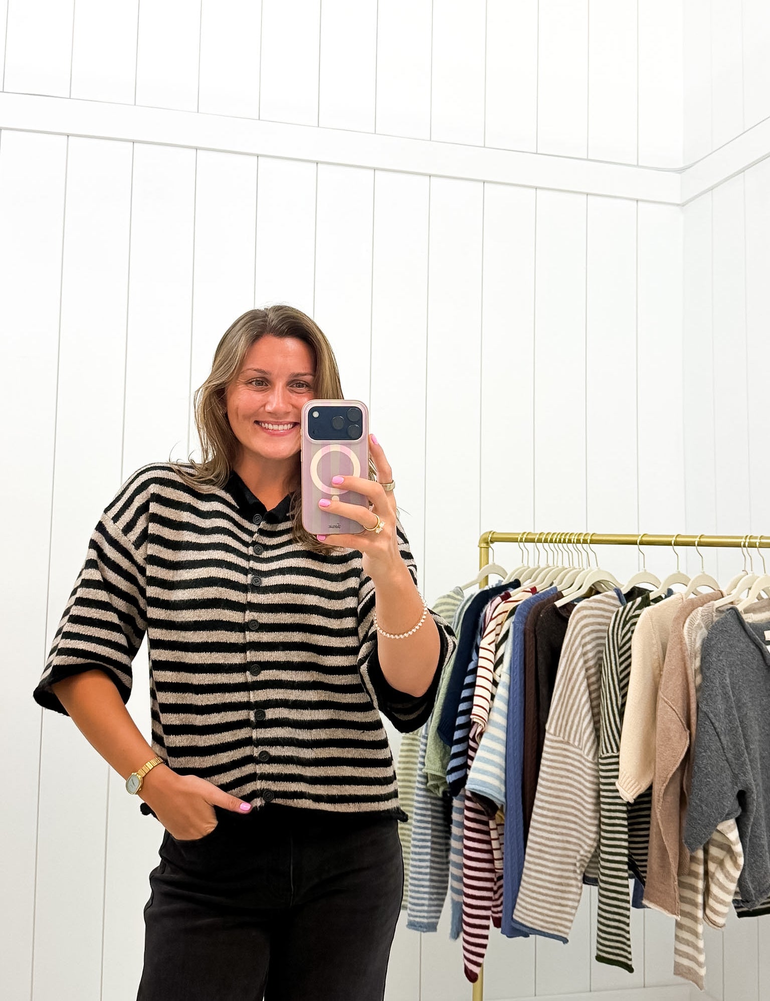 Black & Taupe Stripe Quarter Sleeve Cardigan — knit sweater and crew neck