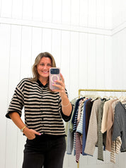 Black & Taupe Stripe Quarter Sleeve Cardigan — knit sweater and crew neck