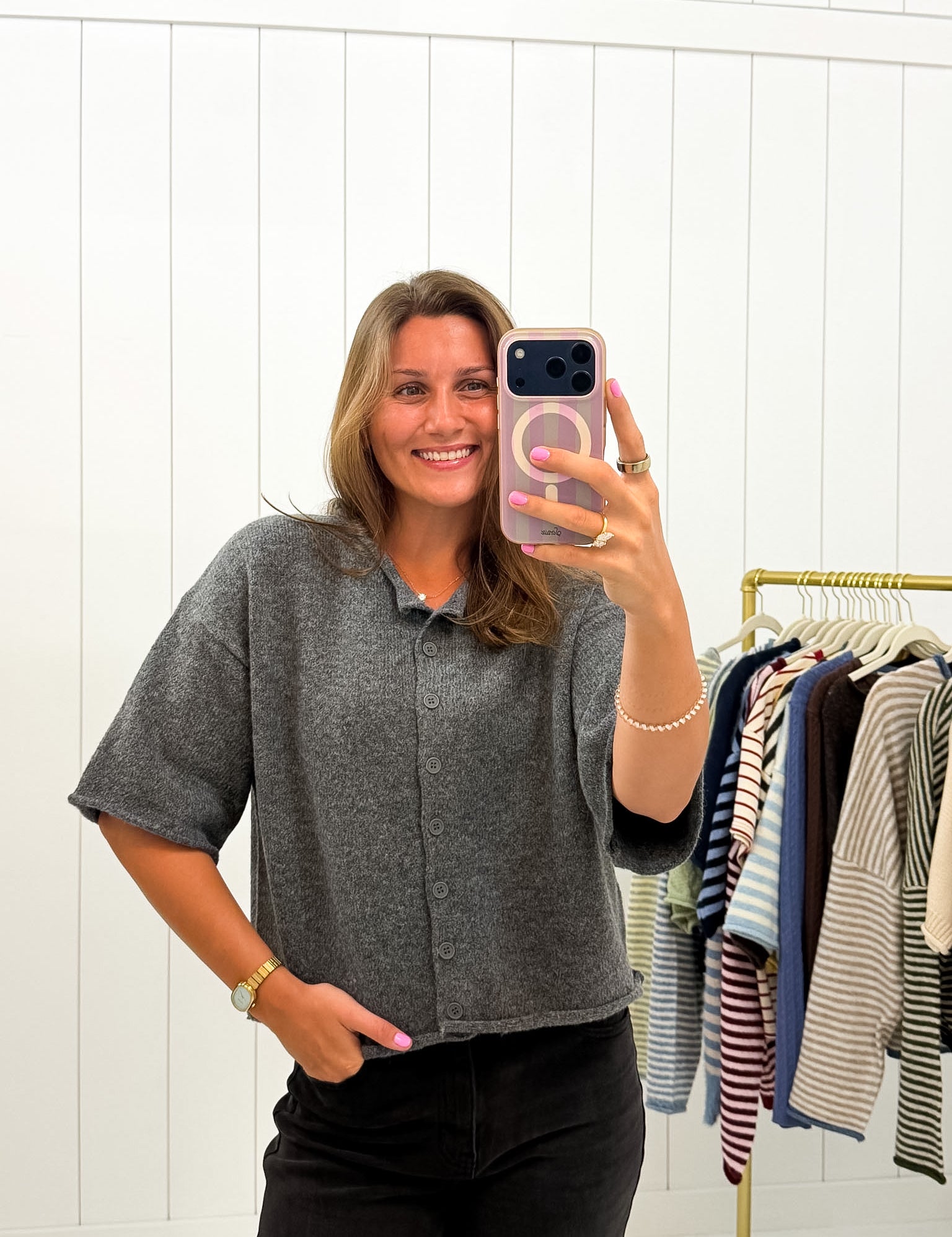 Dark Gray Quarter Sleeve Cardigan — knit sweater and crew neck