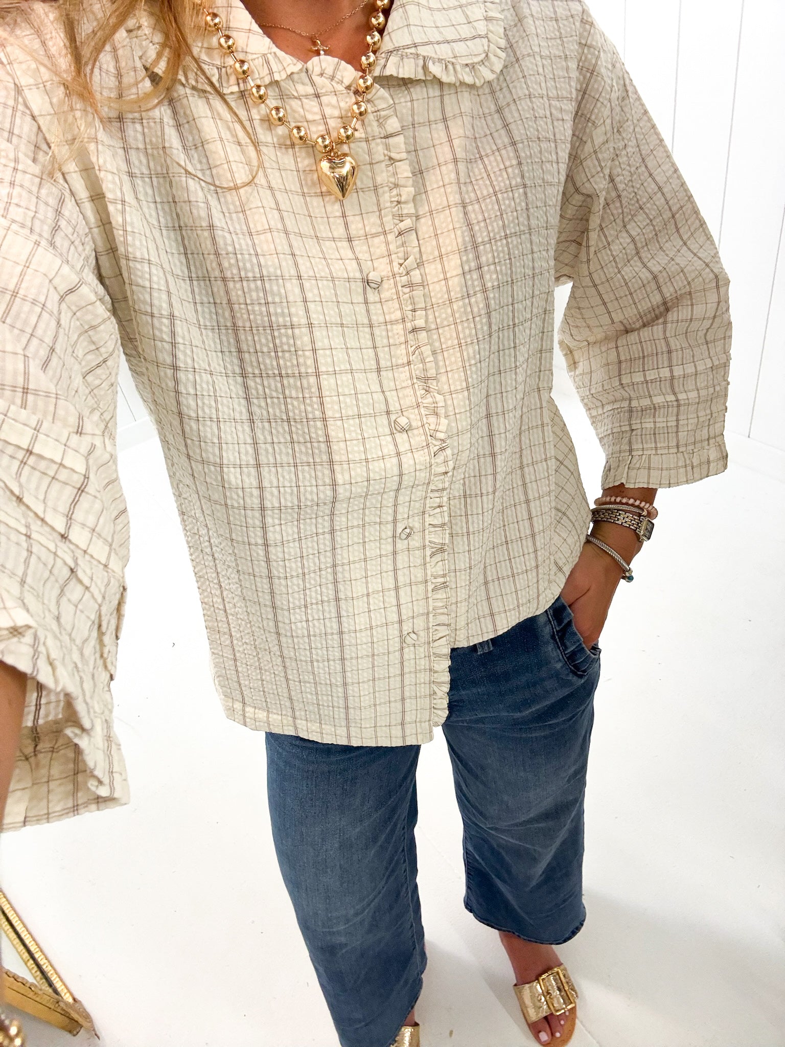 Beige Plaid Ruffle Top — checkered and ruffle collar