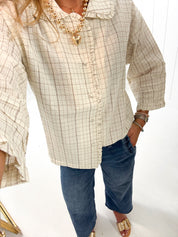 Beige Plaid Ruffle Top — checkered and ruffle collar