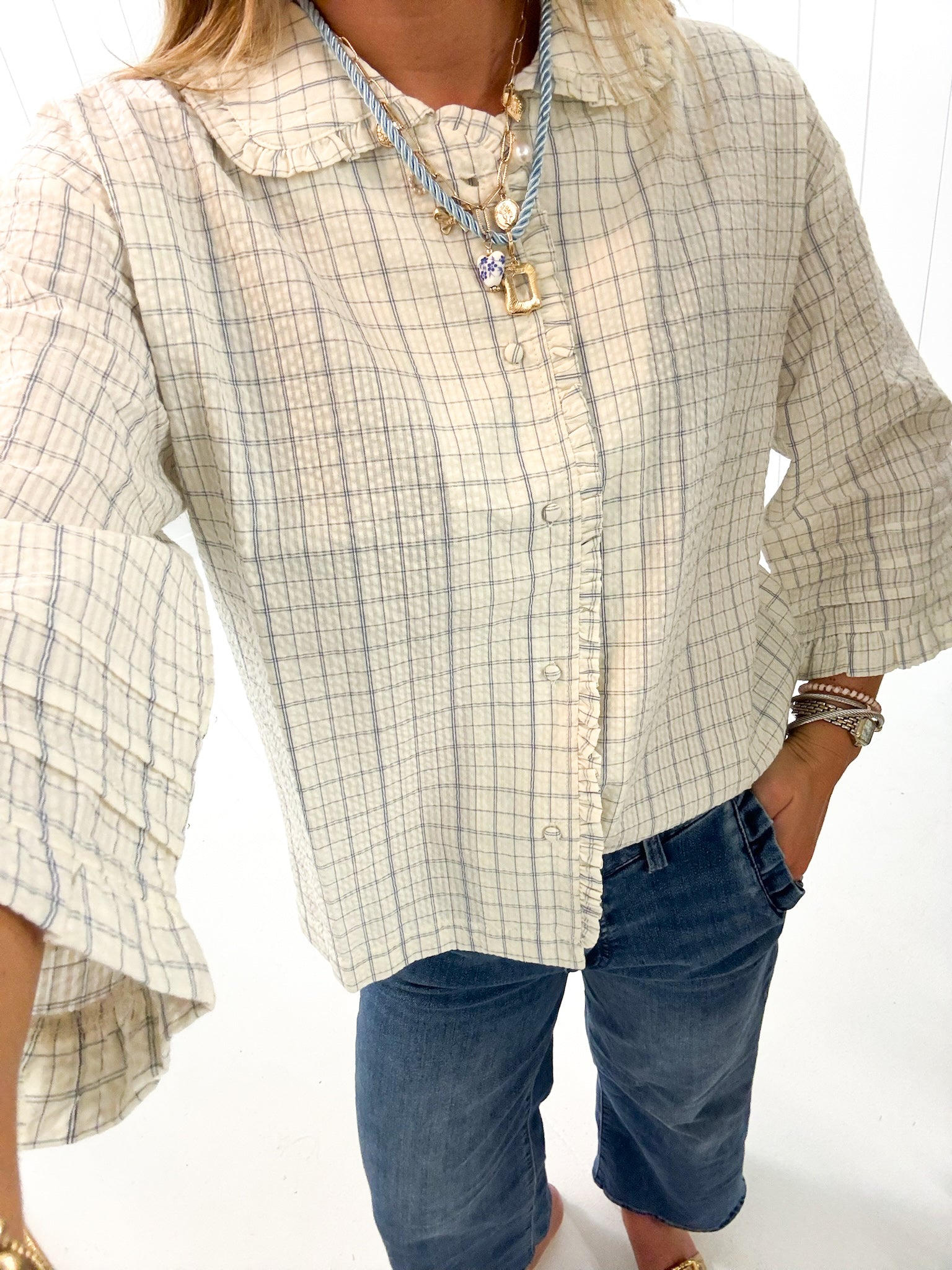 Light Blue Plaid Ruffle Top — checkered and ruffle collar