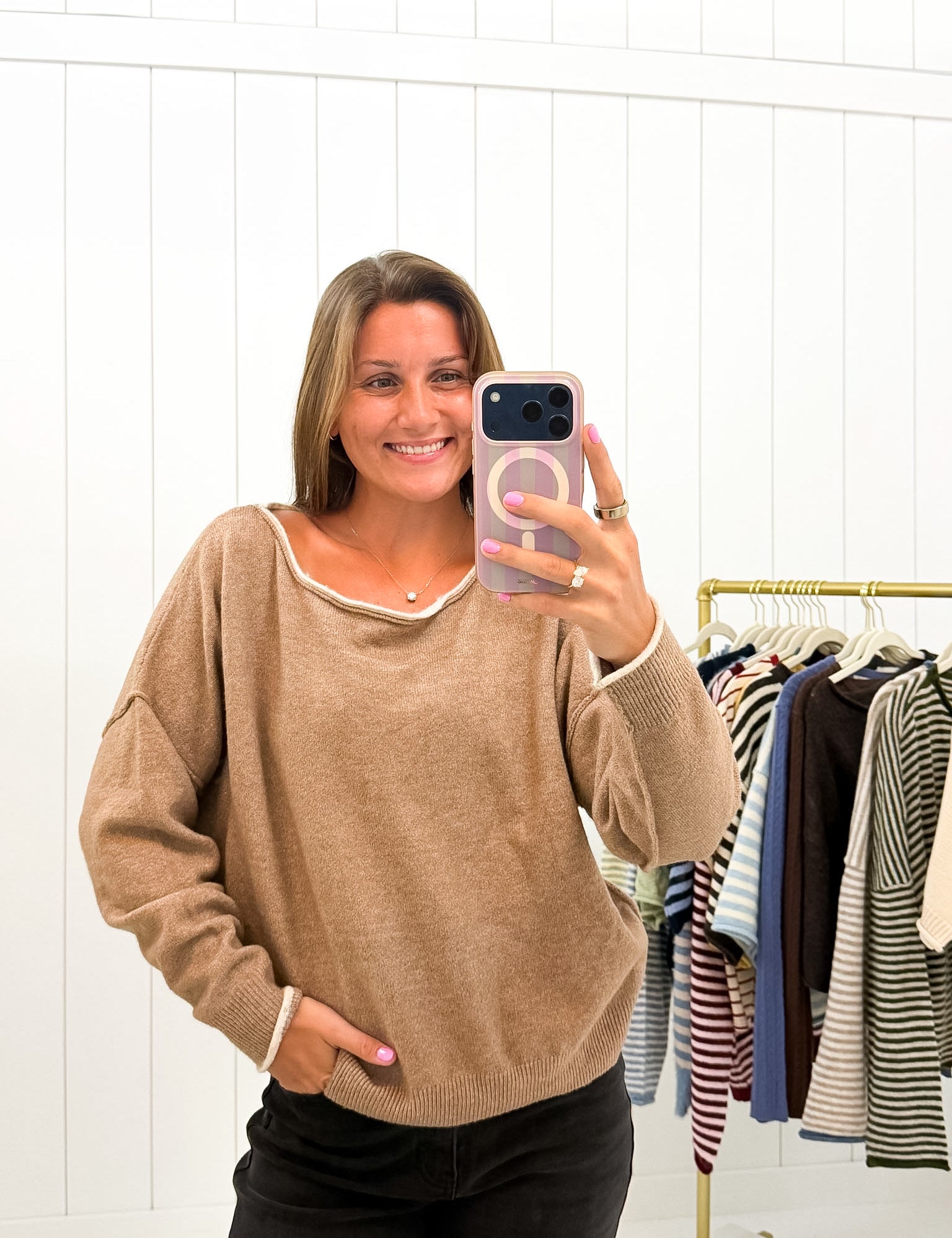 Brown Off the Shoulder Sweater showing color: taupe brown with ivory contrast trim