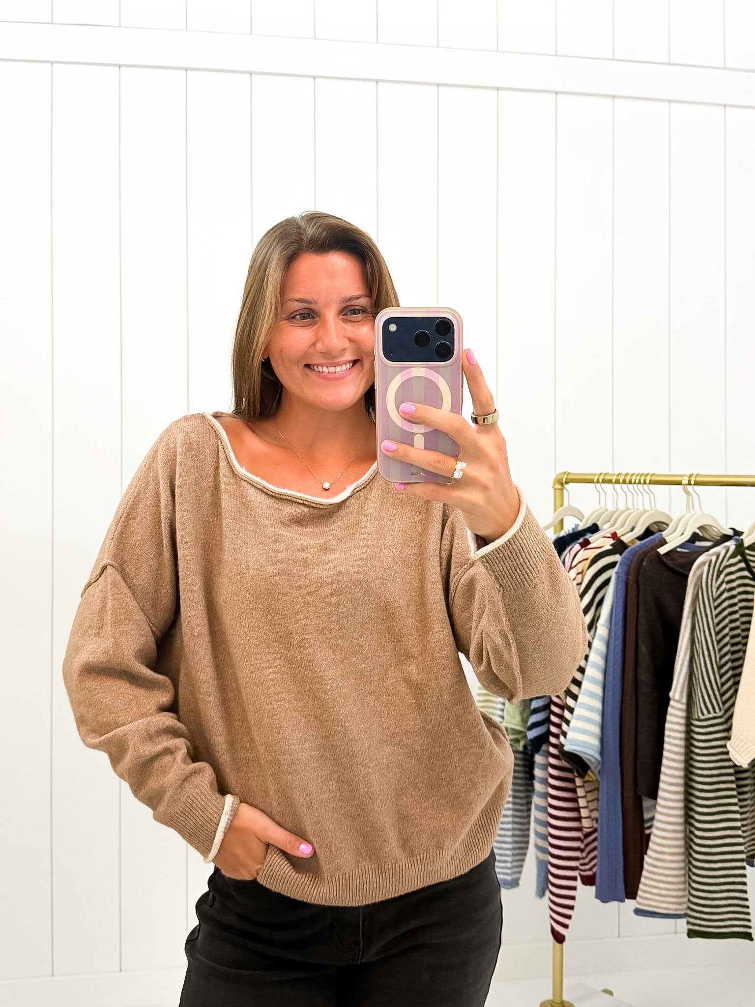 Brown Off the Shoulder Sweater showing color: taupe brown with ivory contrast trim