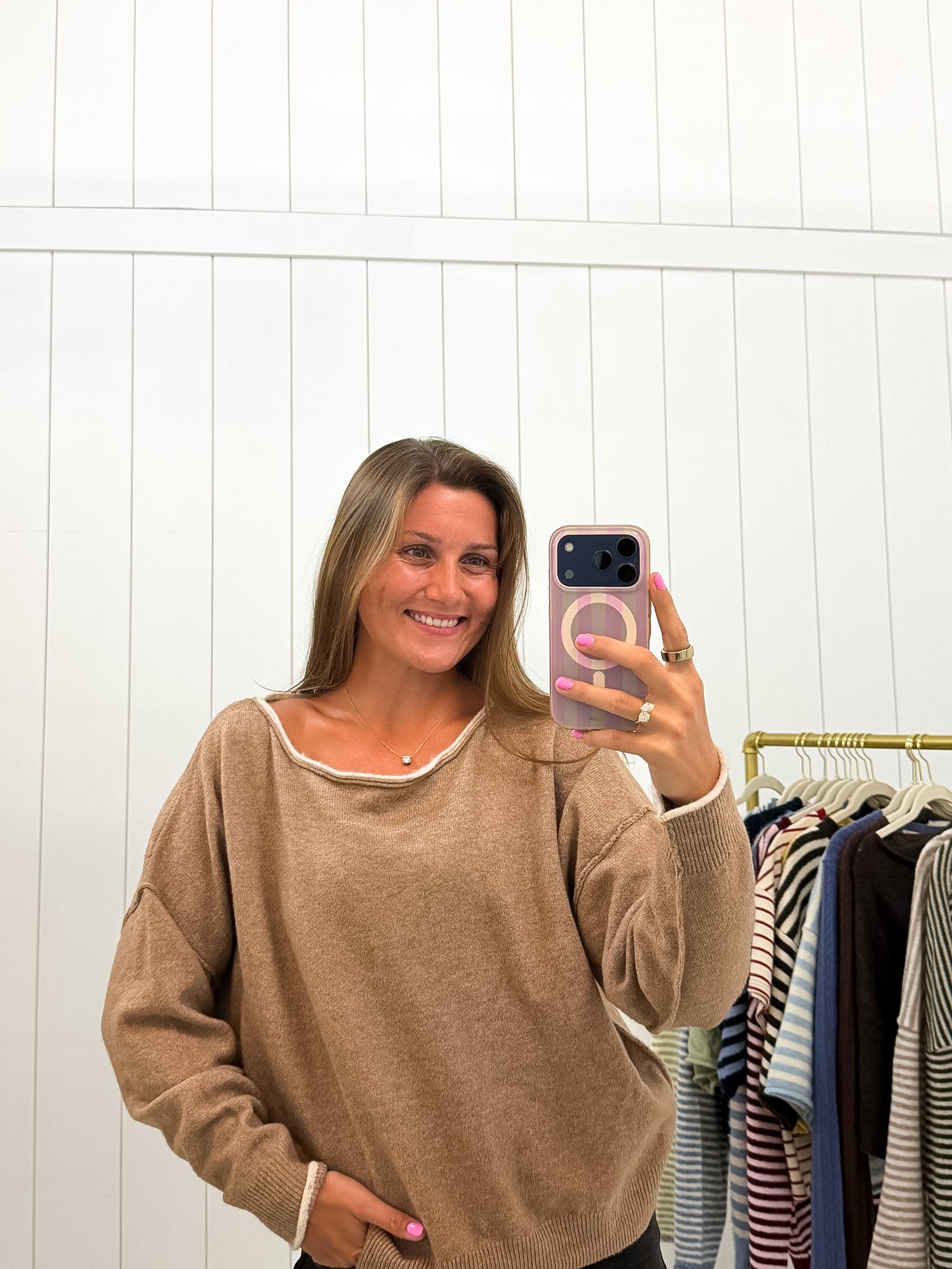 Brown Off the Shoulder Sweater — color: taupe brown with ivory contrast trim and wide off the shoulder neckline