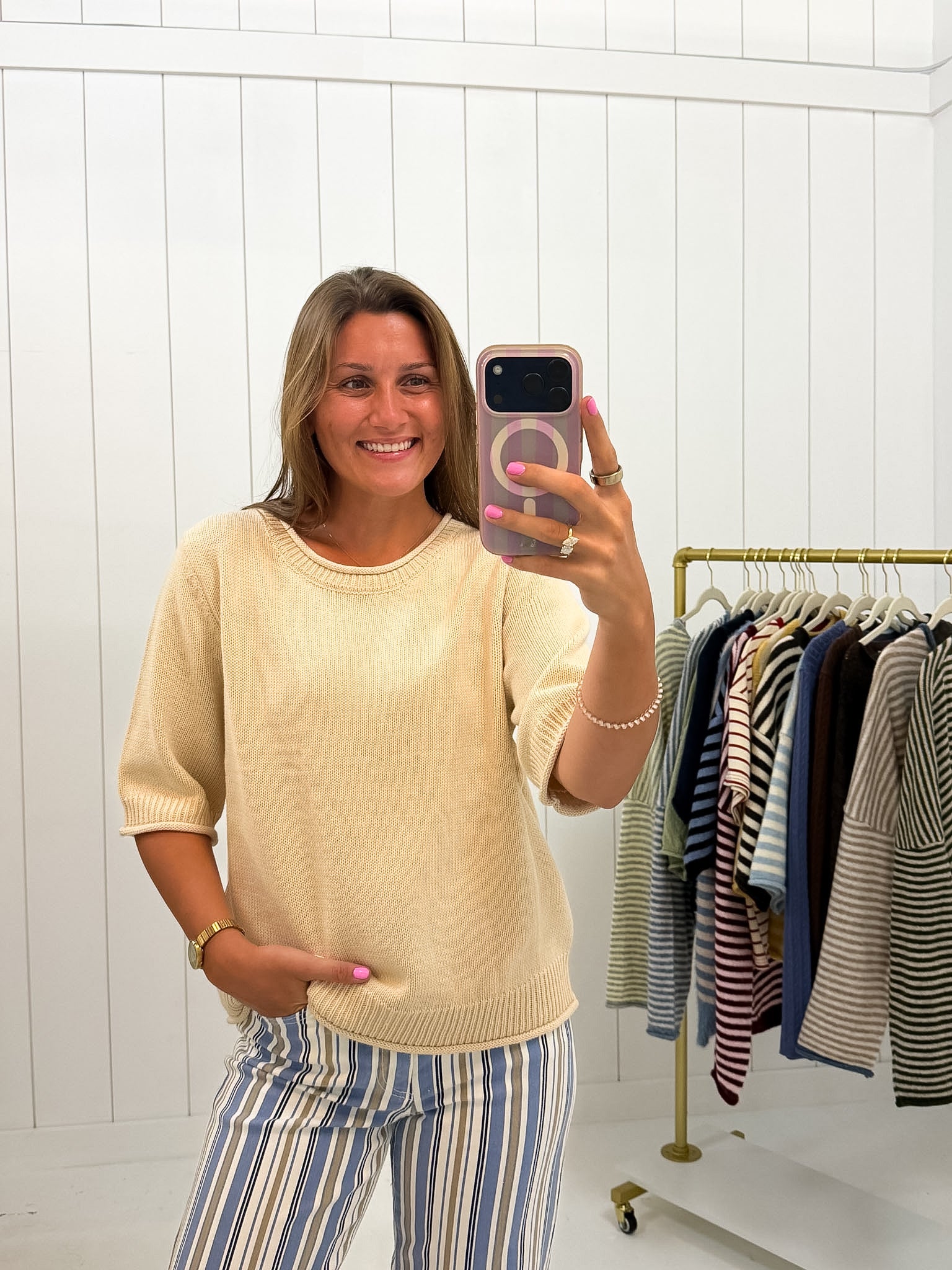 Cream Edge Half Sleeve Knit Sweater — color: cream and crew neckline