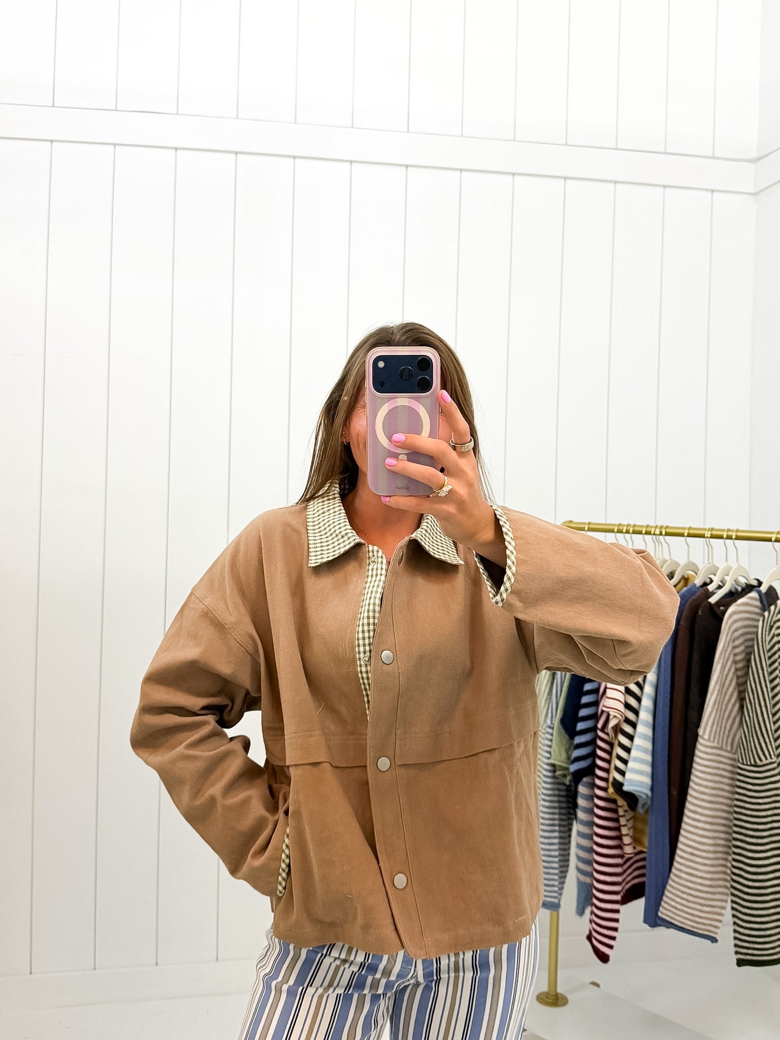 Brown & Green Gingham Jacket — color: light brown with green and cream gingham trim and collared with a contrast gingham