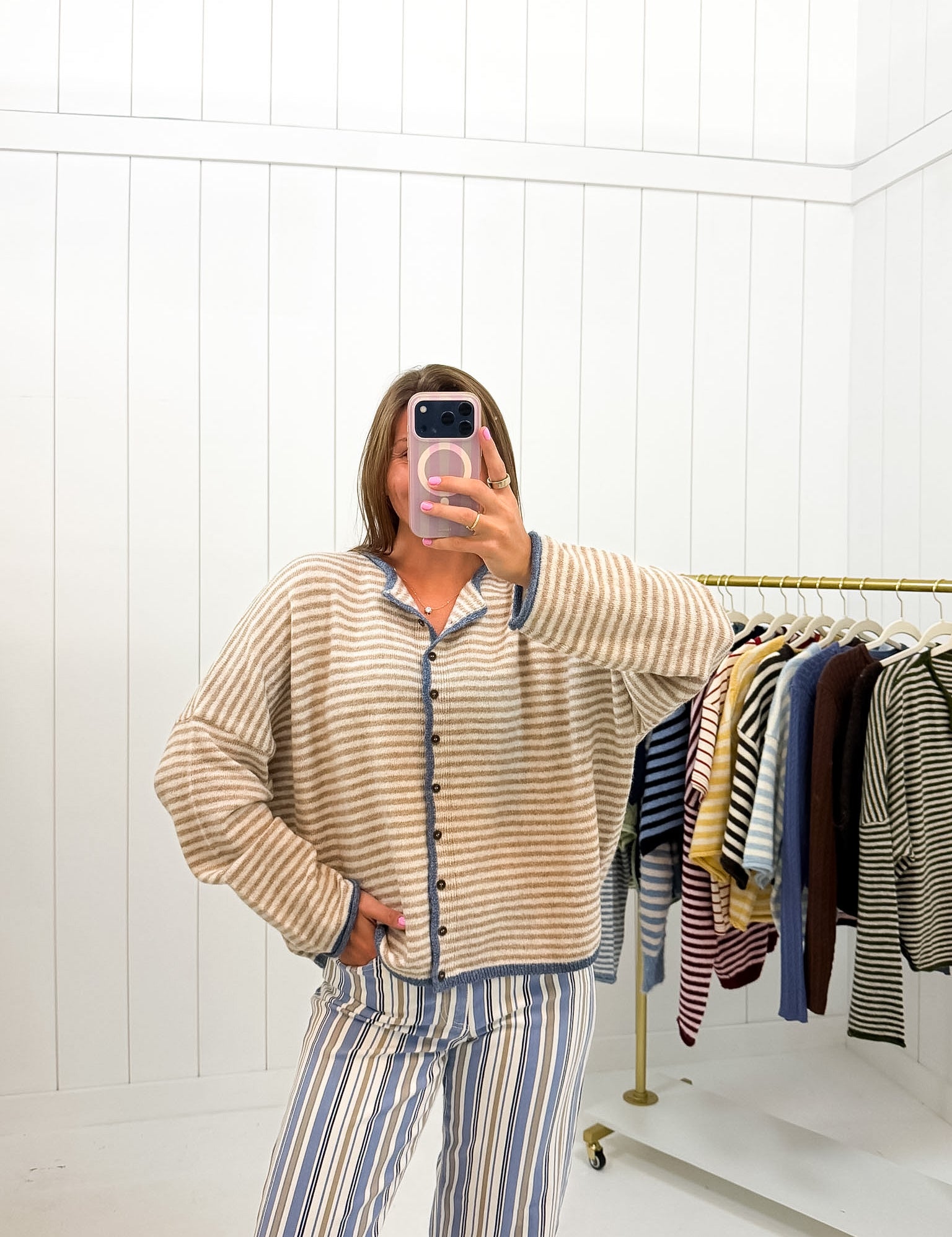 Light Brown Striped Long Sleeve Cardigan — button down and stripe