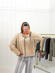 Light Brown Striped Long Sleeve Cardigan — button down and stripe