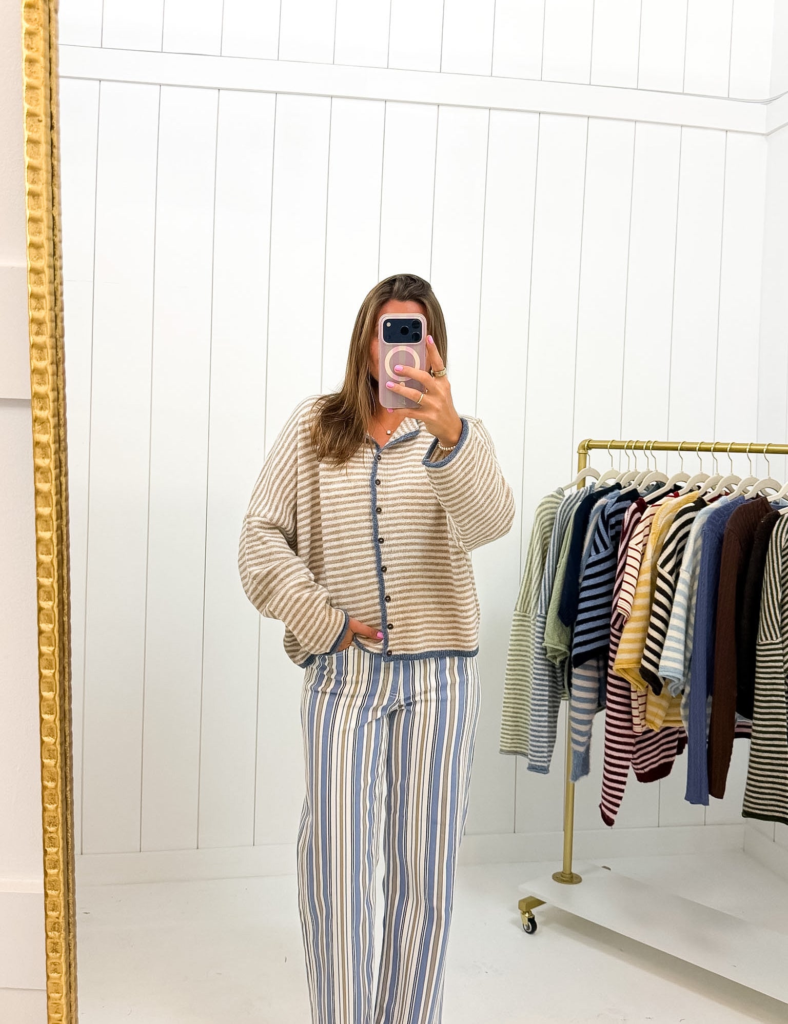 Light Brown Striped Long Sleeve Cardigan showing button down