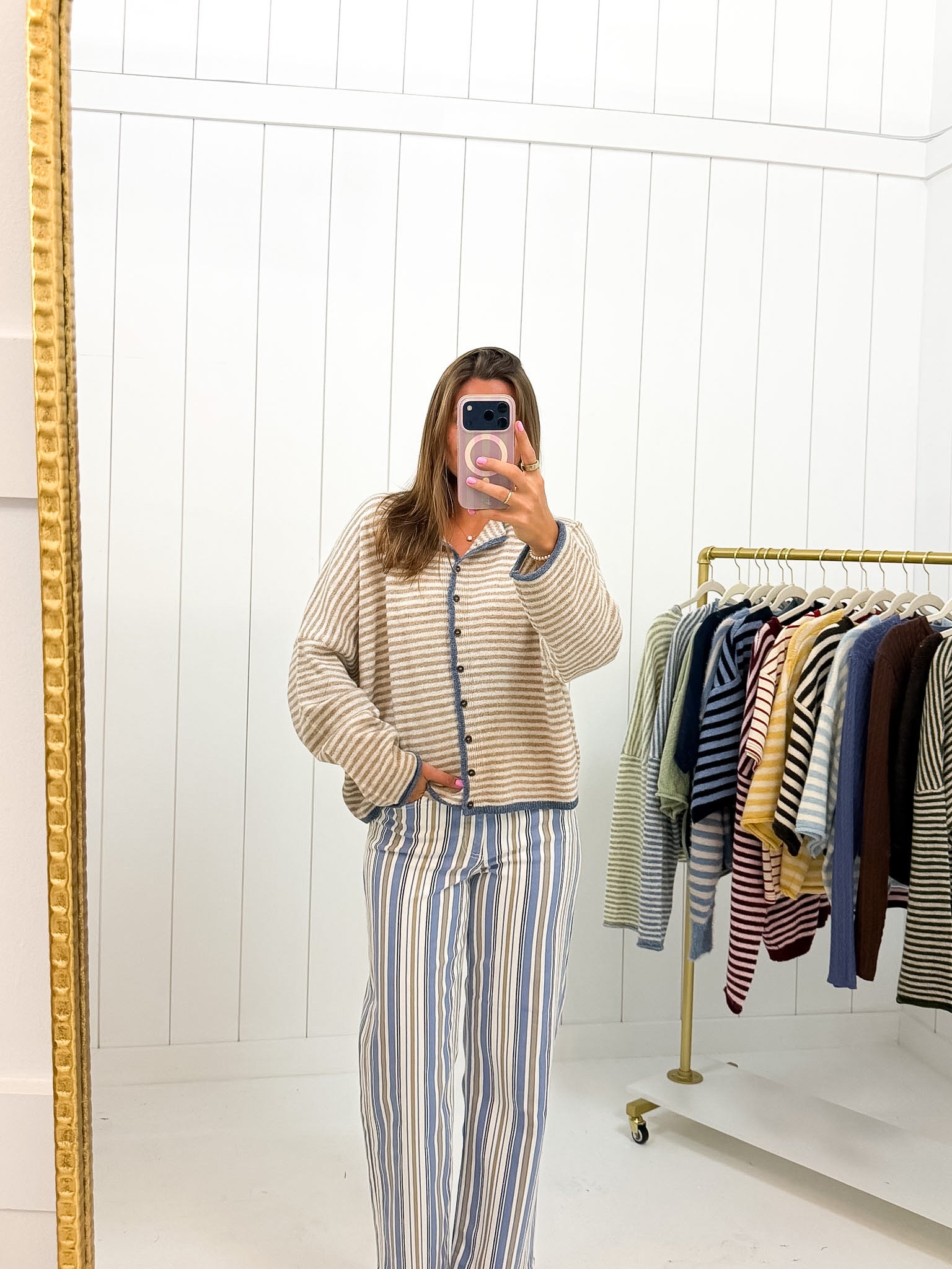 Light Brown Striped Long Sleeve Cardigan showing button down