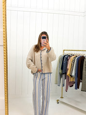 Light Brown Striped Long Sleeve Cardigan showing button down