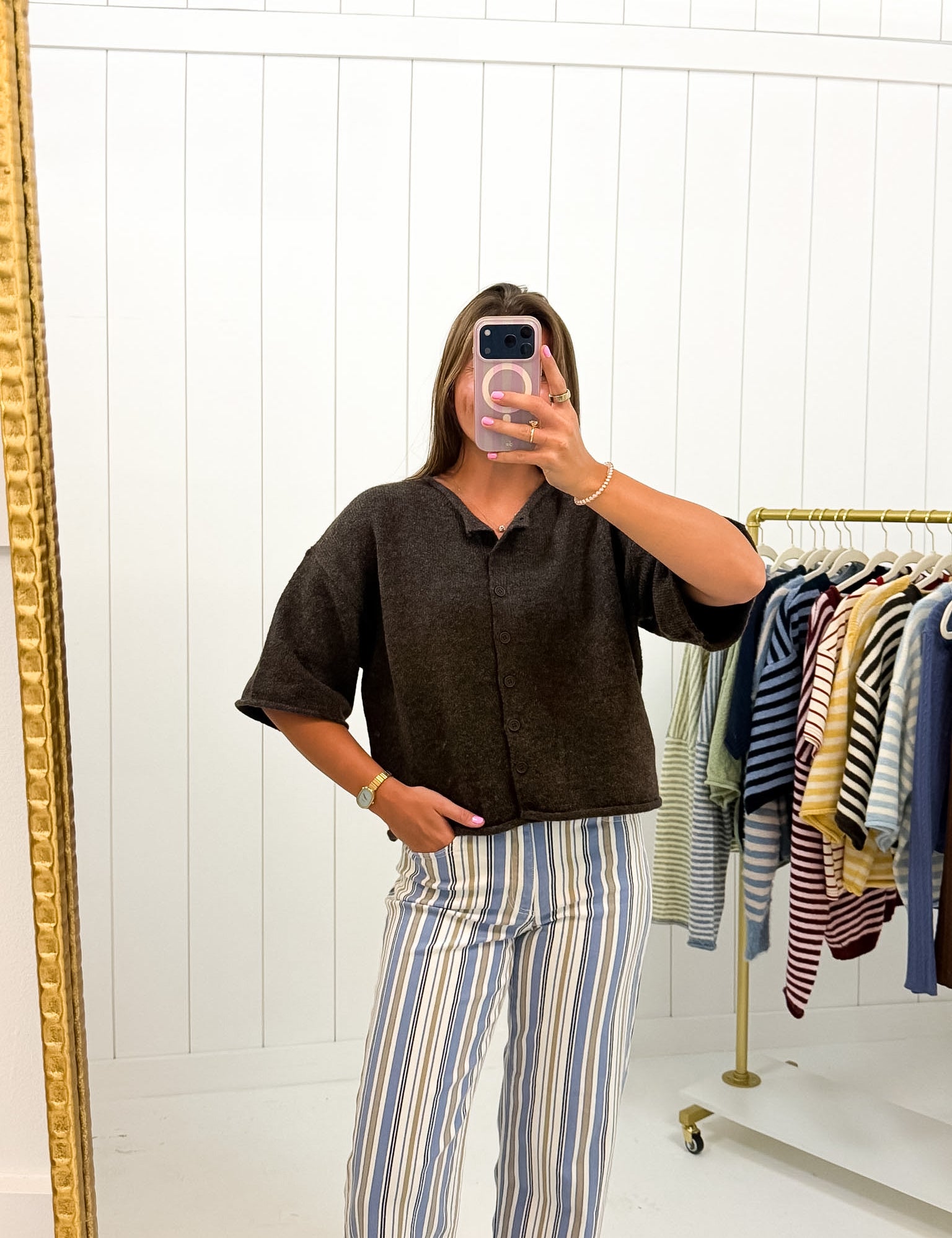 Dark Brown Quarter Sleeve Cardigan — knit sweater and crew neck