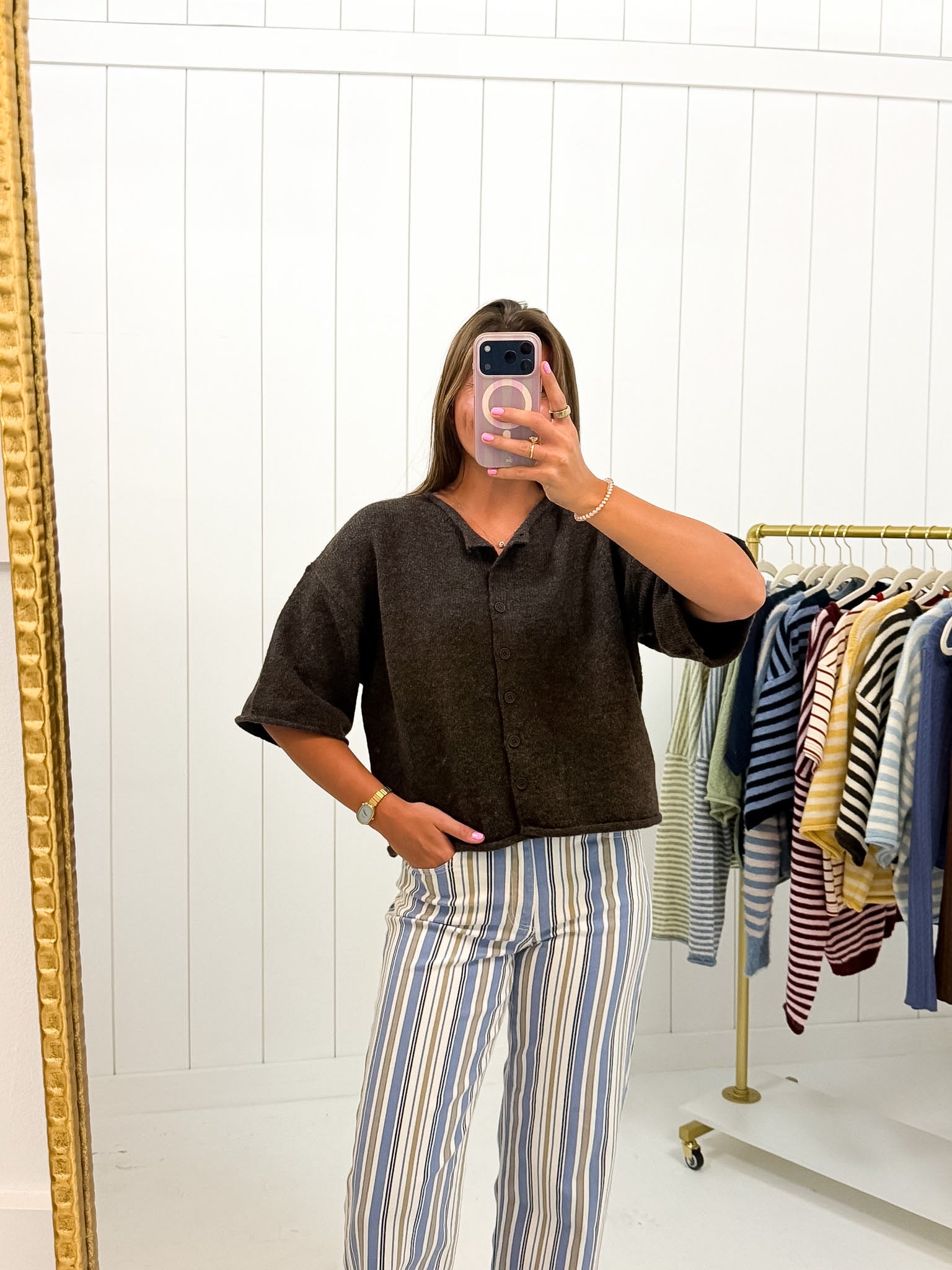 Dark Brown Quarter Sleeve Cardigan — knit sweater and crew neck
