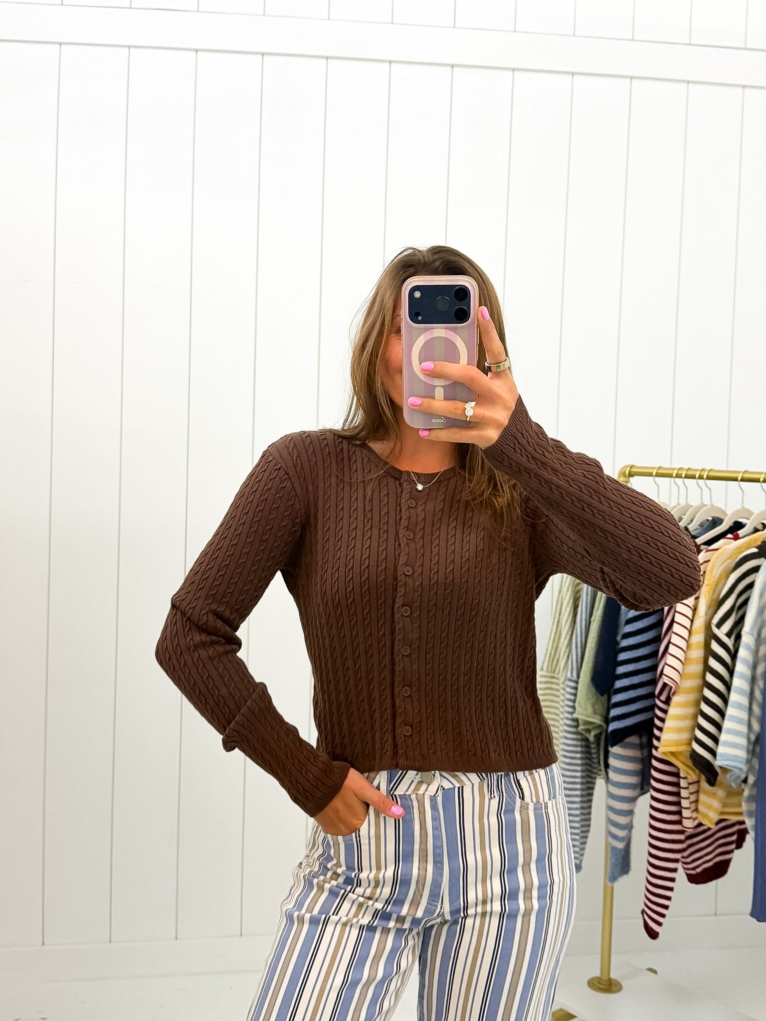 Brown Cable Knit Cardigan — cable knit and crew neck