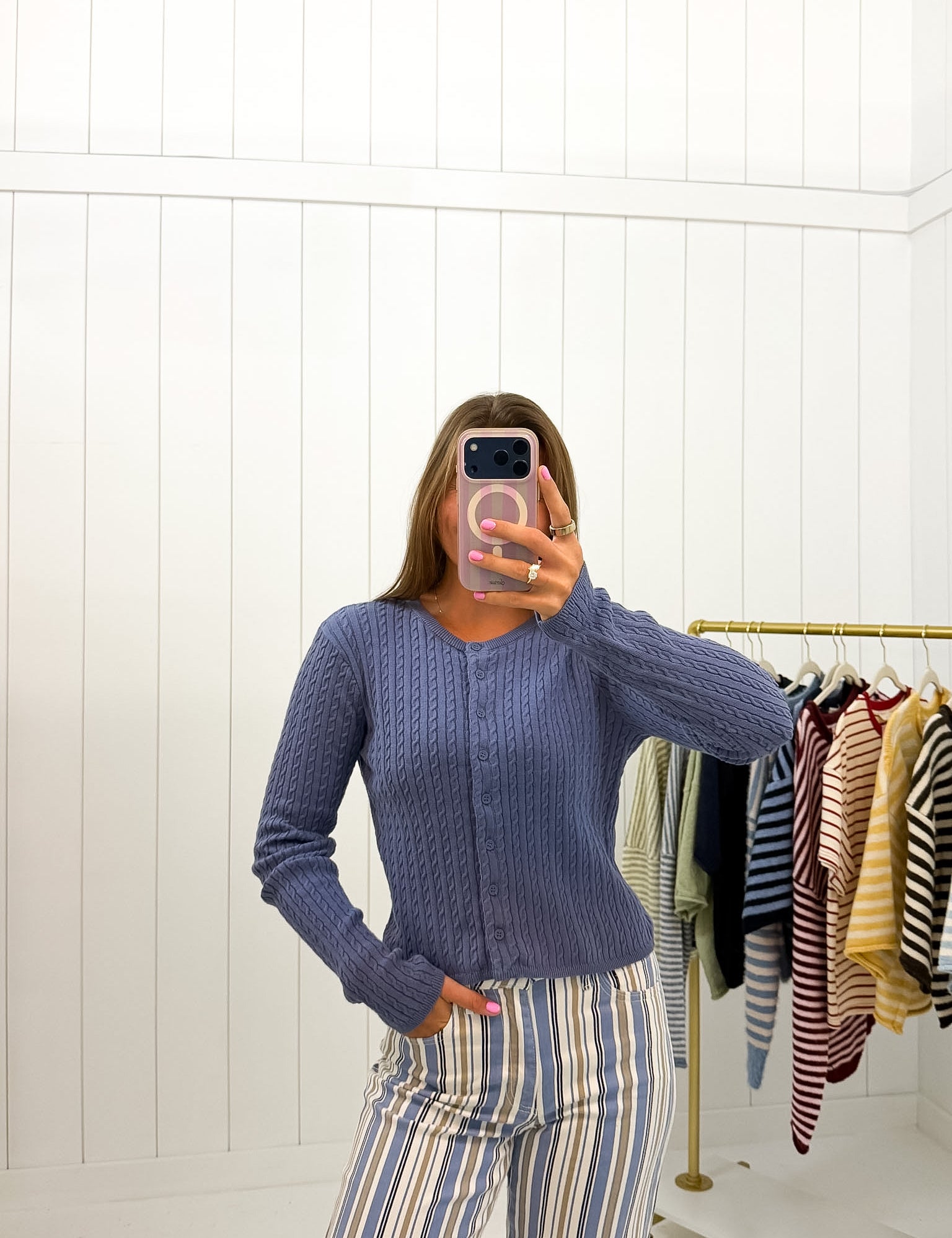 Blue Cable Knit Cardigan — cable knit and crew neck
