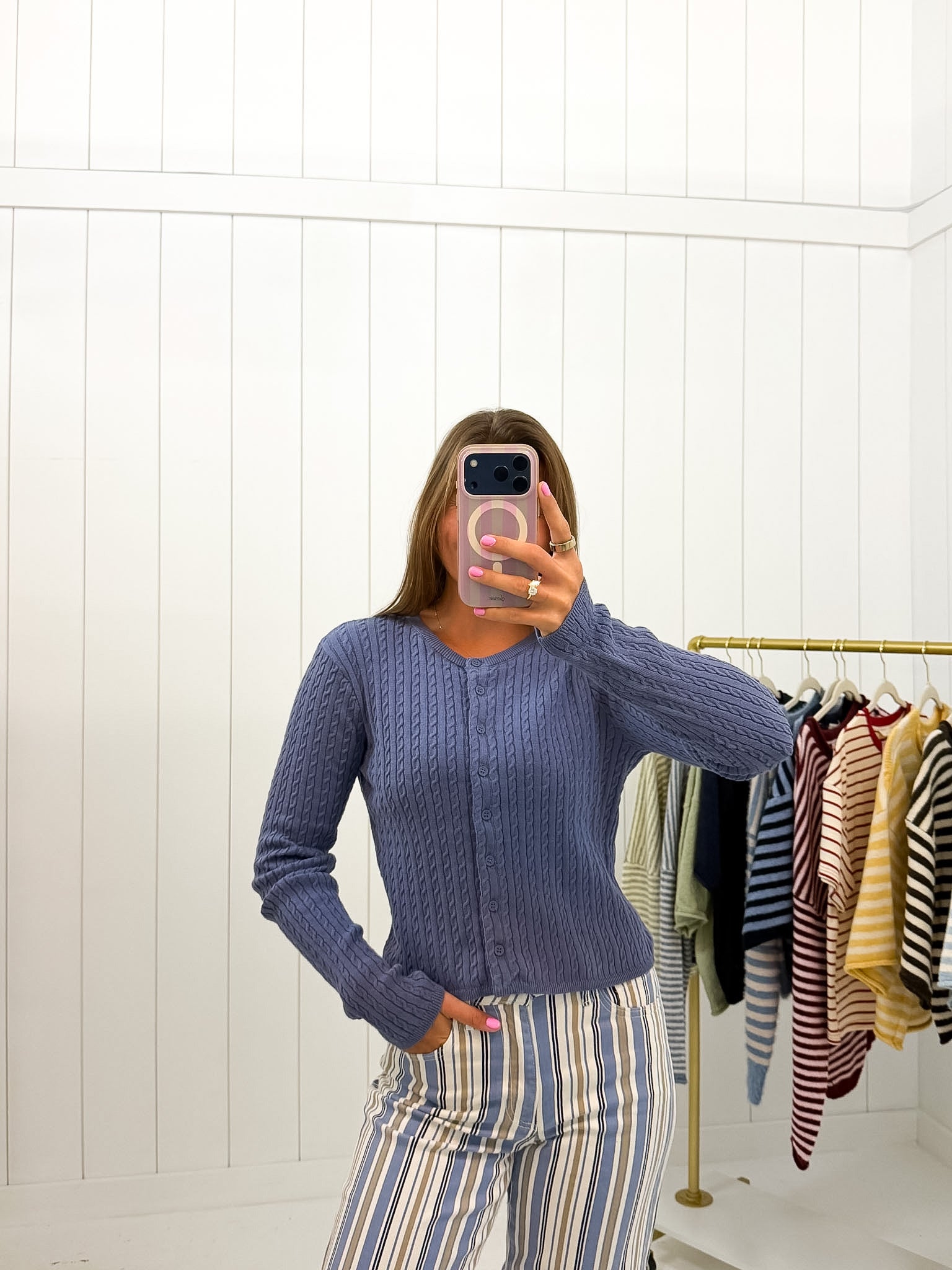 Blue Cable Knit Cardigan — cable knit and crew neck