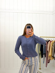 Blue Cable Knit Cardigan — cable knit and crew neck