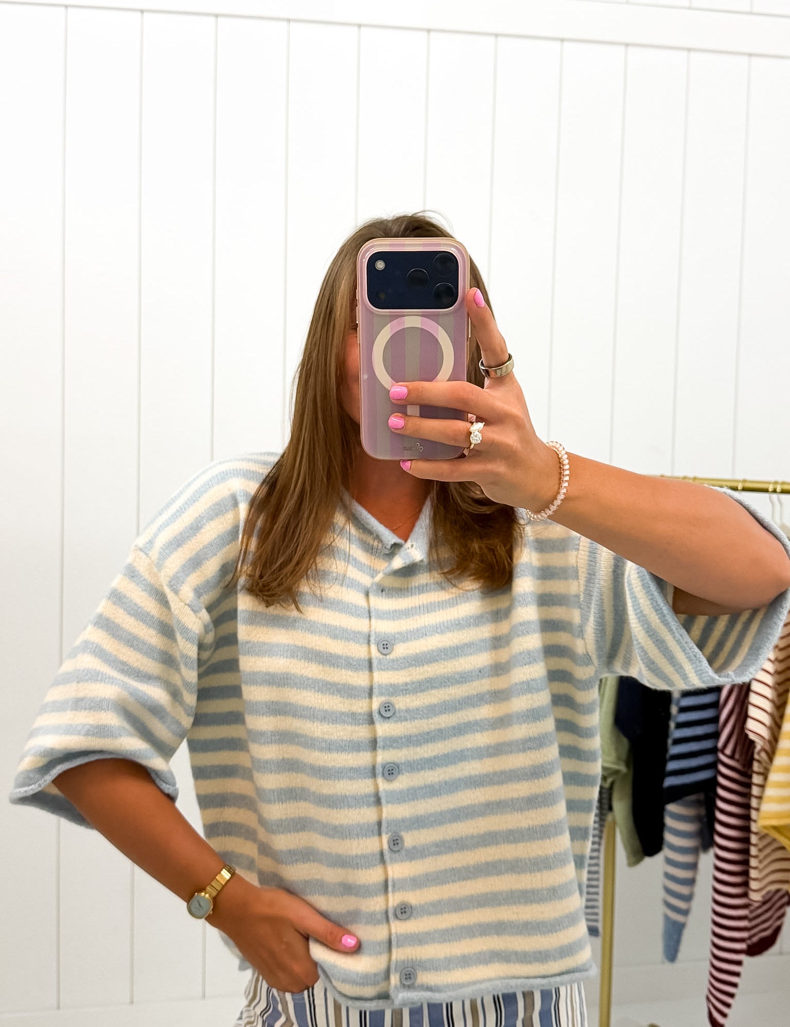 Blue Stripe Quarter Sleeve Cardigan — knit sweater and crew neck