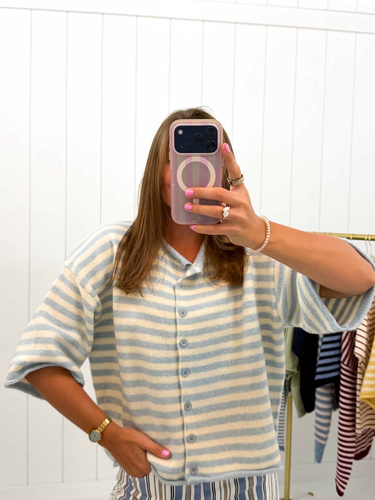 Blue Stripe Quarter Sleeve Cardigan — knit sweater and crew neck
