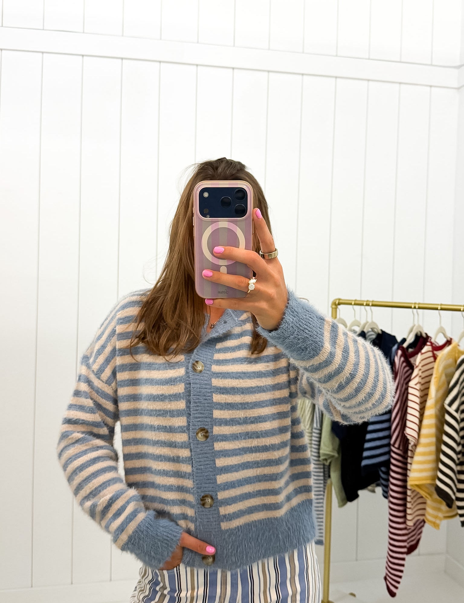 Blue Stripe Long Sleeve Sweater — tortoise buttons and striped