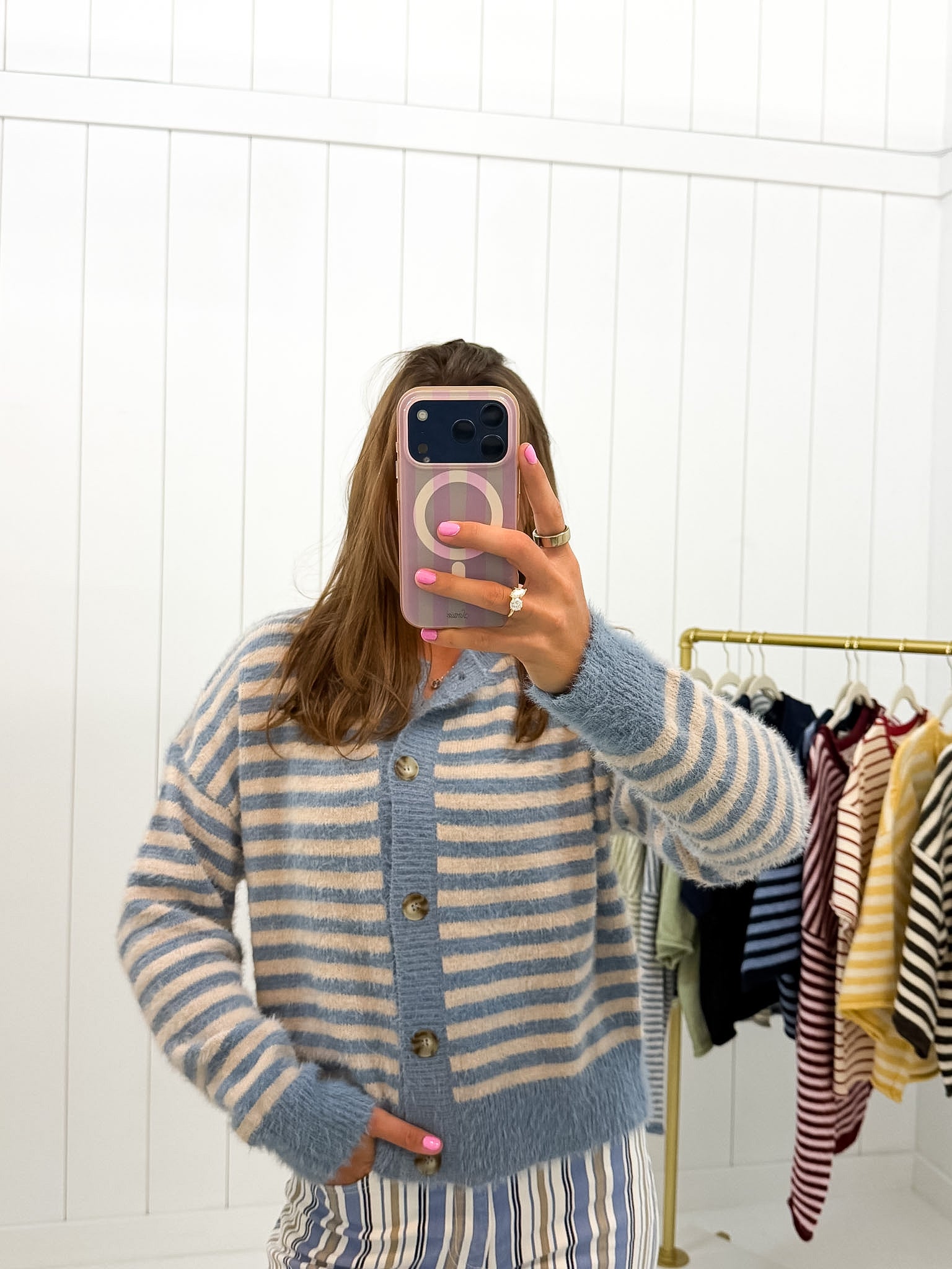 Blue Stripe Long Sleeve Sweater — tortoise buttons and striped