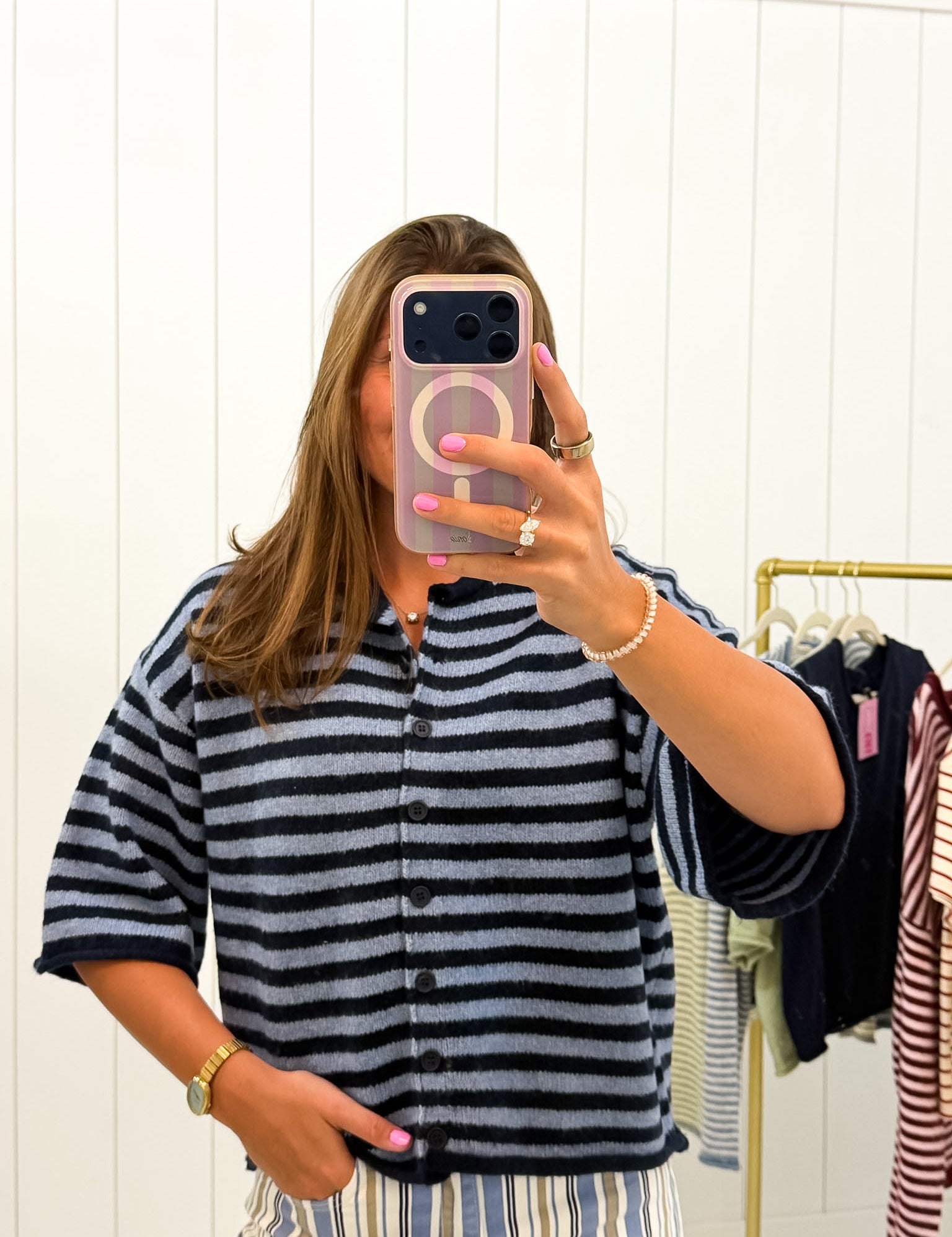 Navy & Blue Stripe Quarter Sleeve Cardigan — knit sweater and crew neck