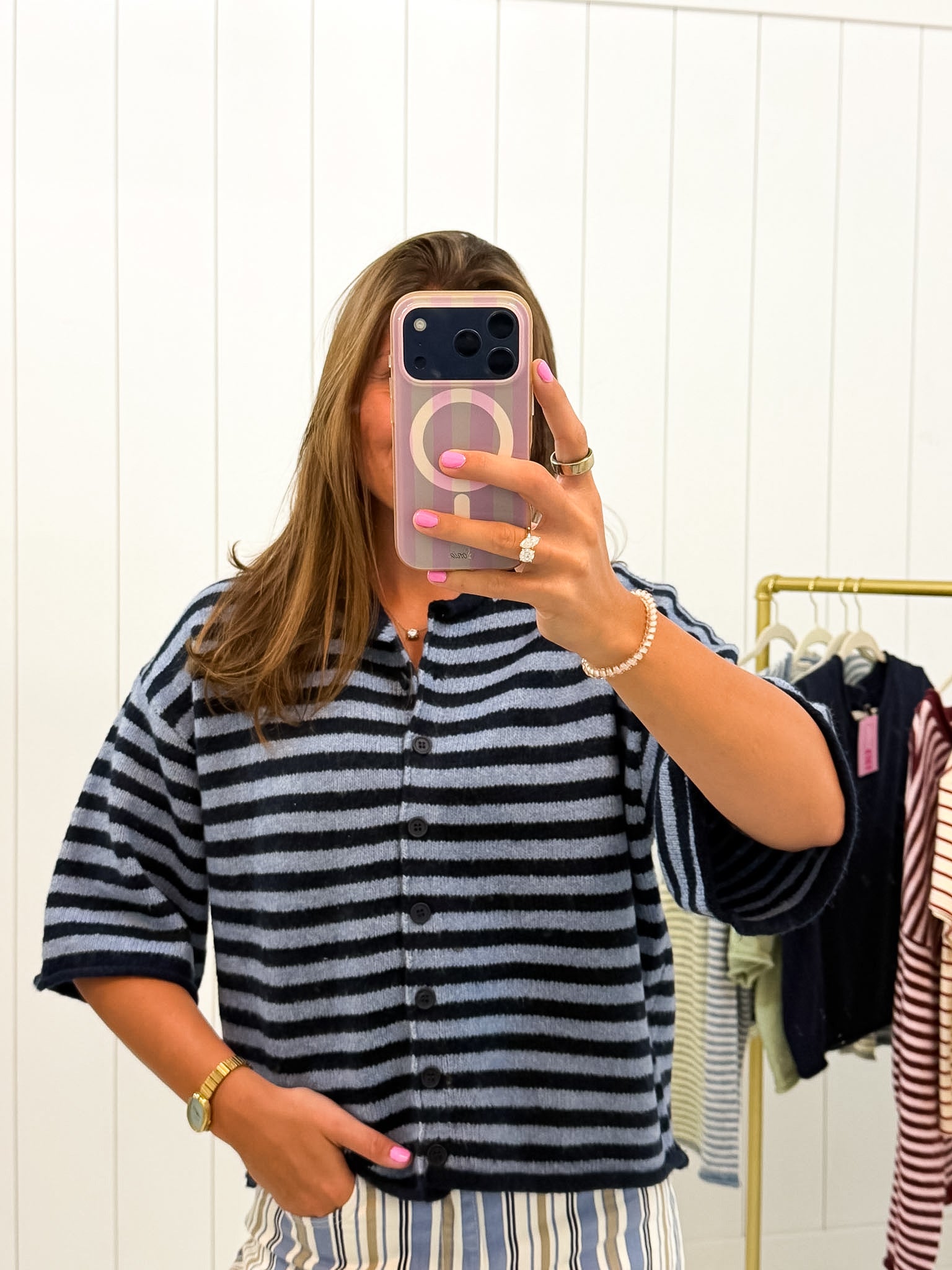 Navy & Blue Stripe Quarter Sleeve Cardigan — knit sweater and crew neck