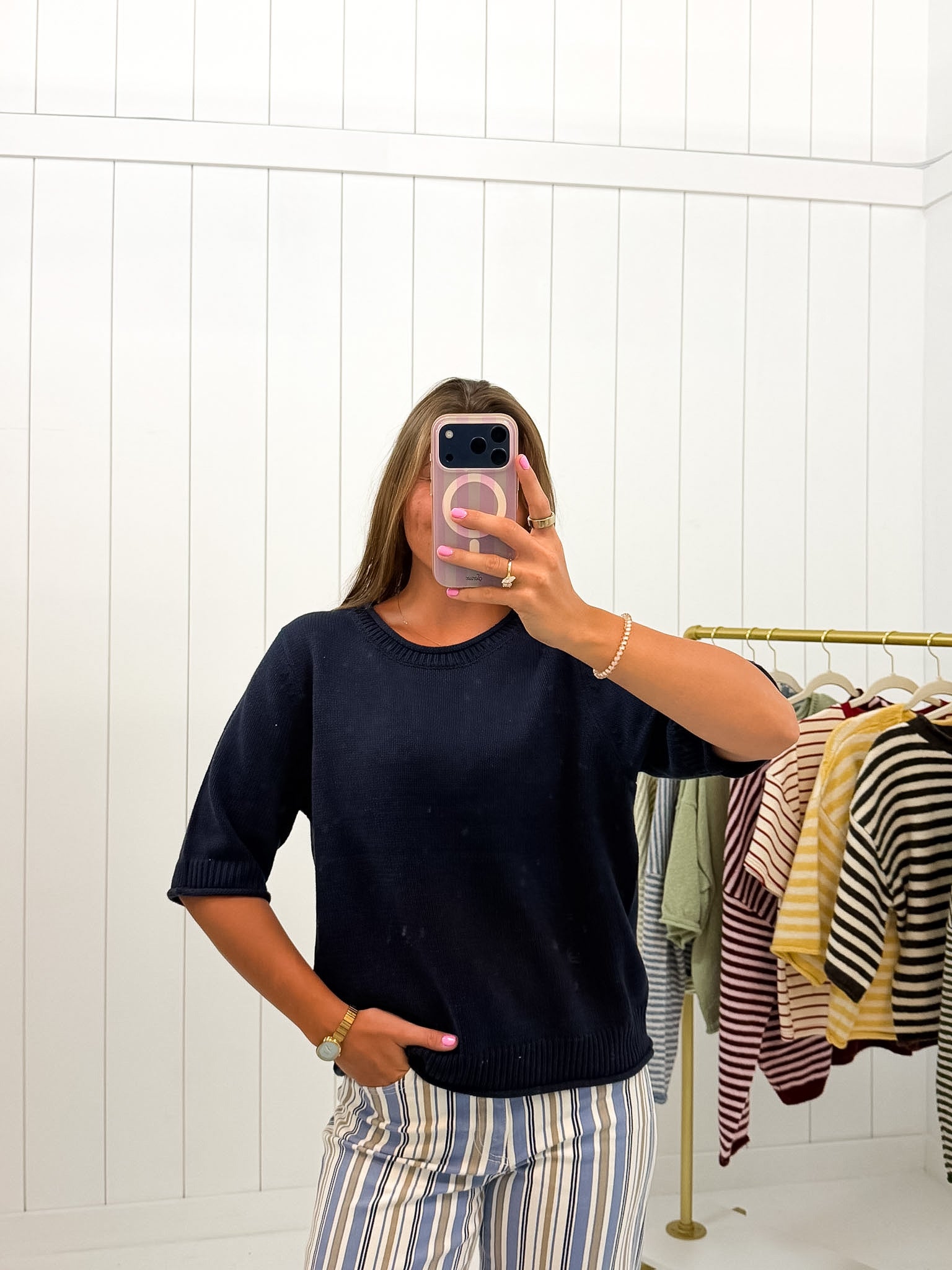 Navy Edge Half Sleeve Knit Sweater — oversized fit and knit