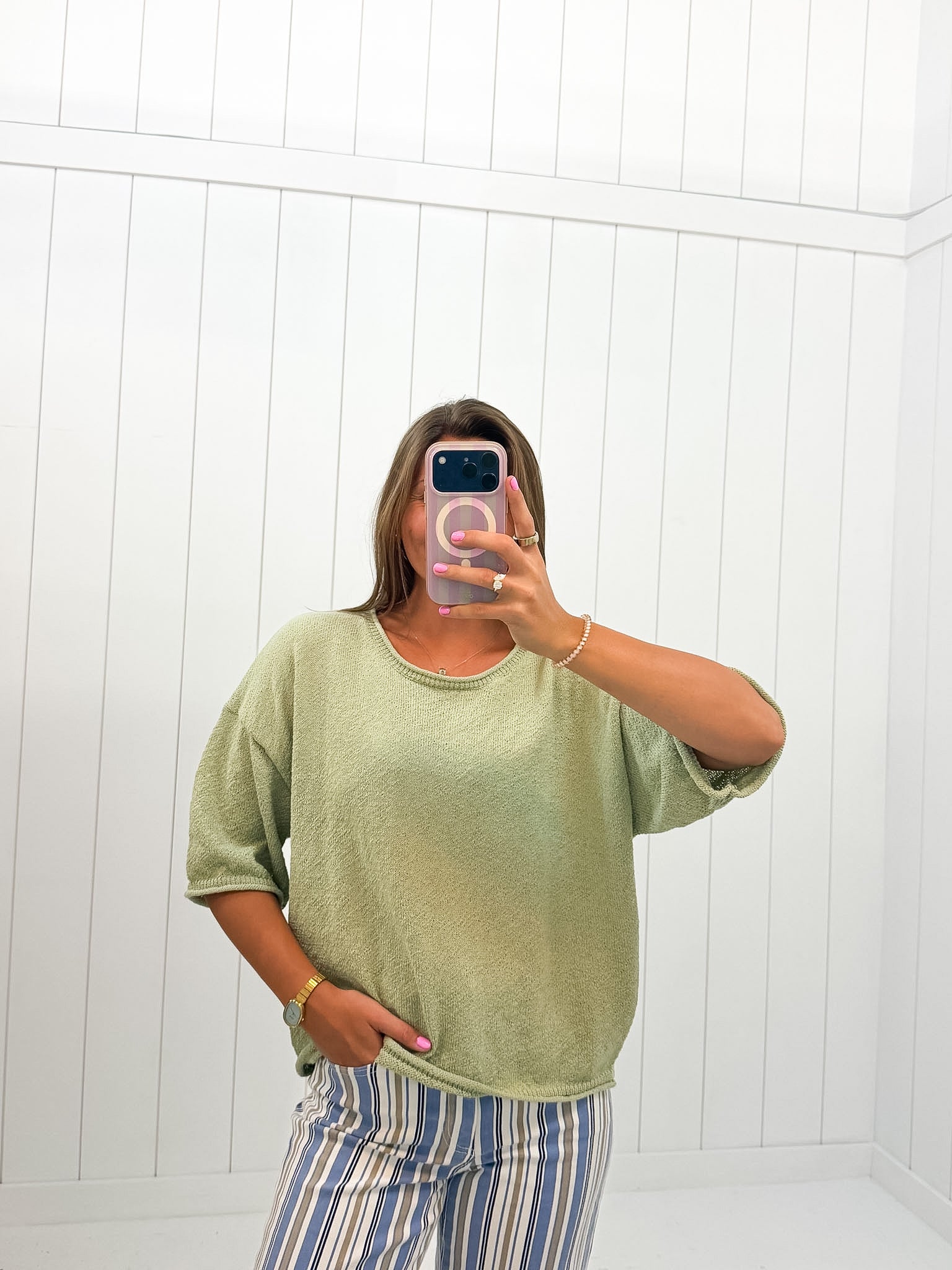 Green Edge Short Sleeve Knit Sweater — oversized fit and knit