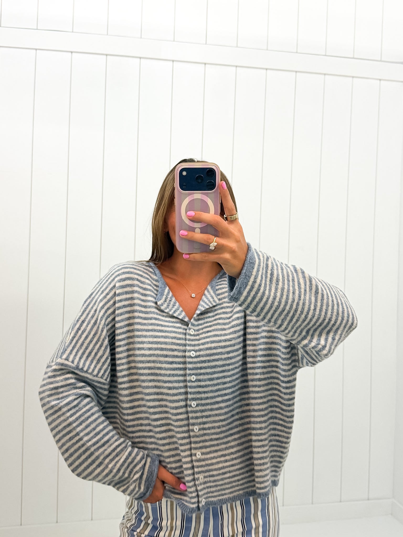 Blue Striped Drop Shoulder Knit Cardigan — button down and short sleeve