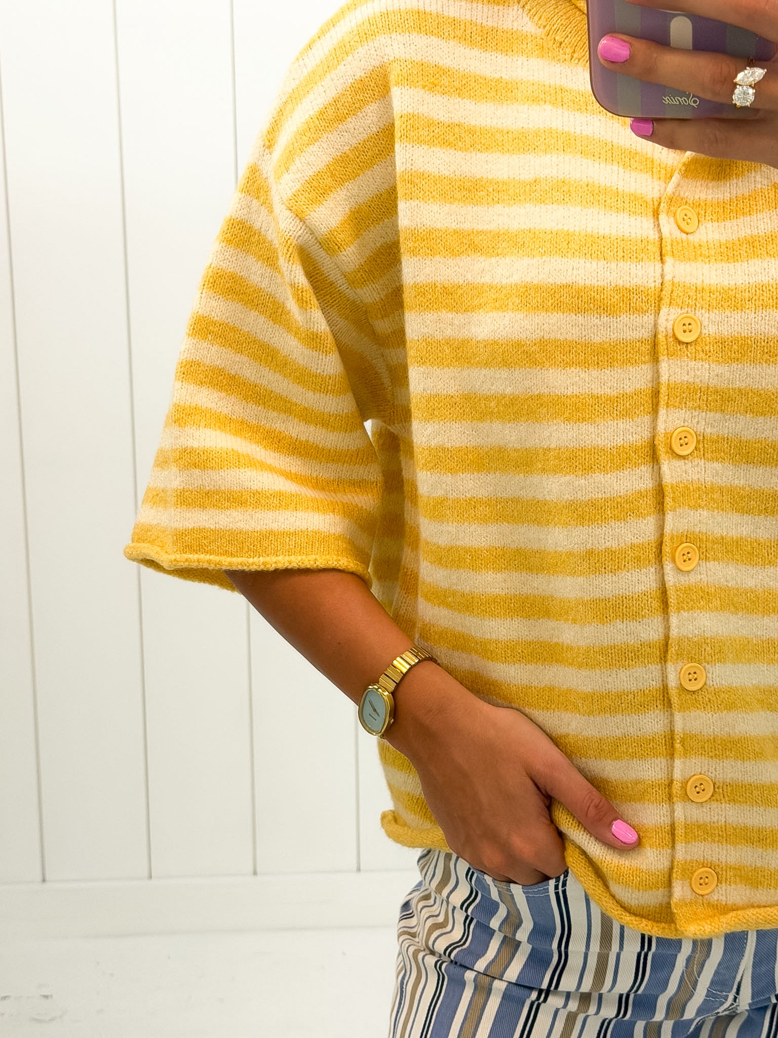 Yellow Stripe Quarter Sleeve Cardigan showing crew neck