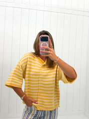 Yellow Stripe Quarter Sleeve Cardigan showing knit sweater