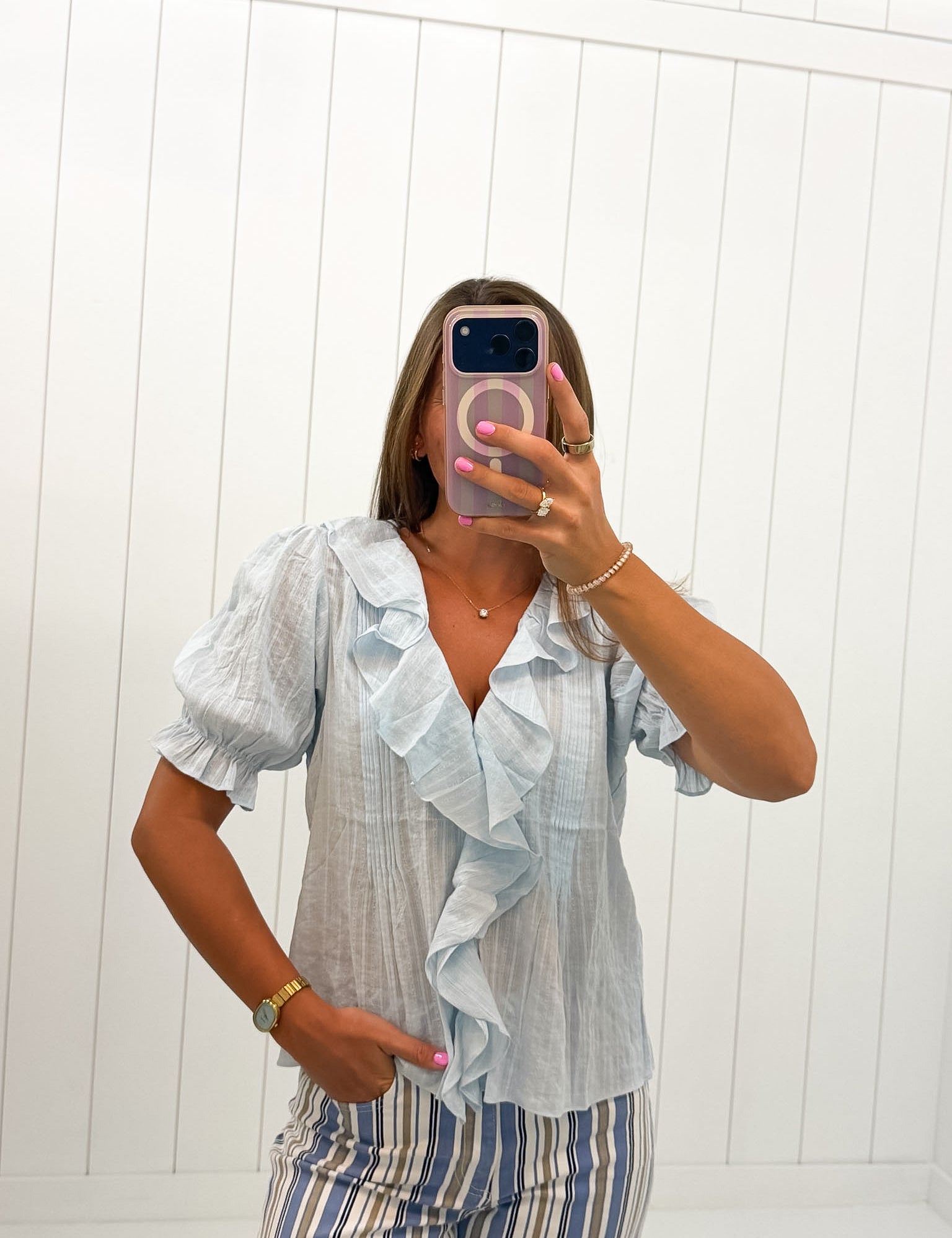 Blue V-Neck Short Sleeve Top showing color: light blue