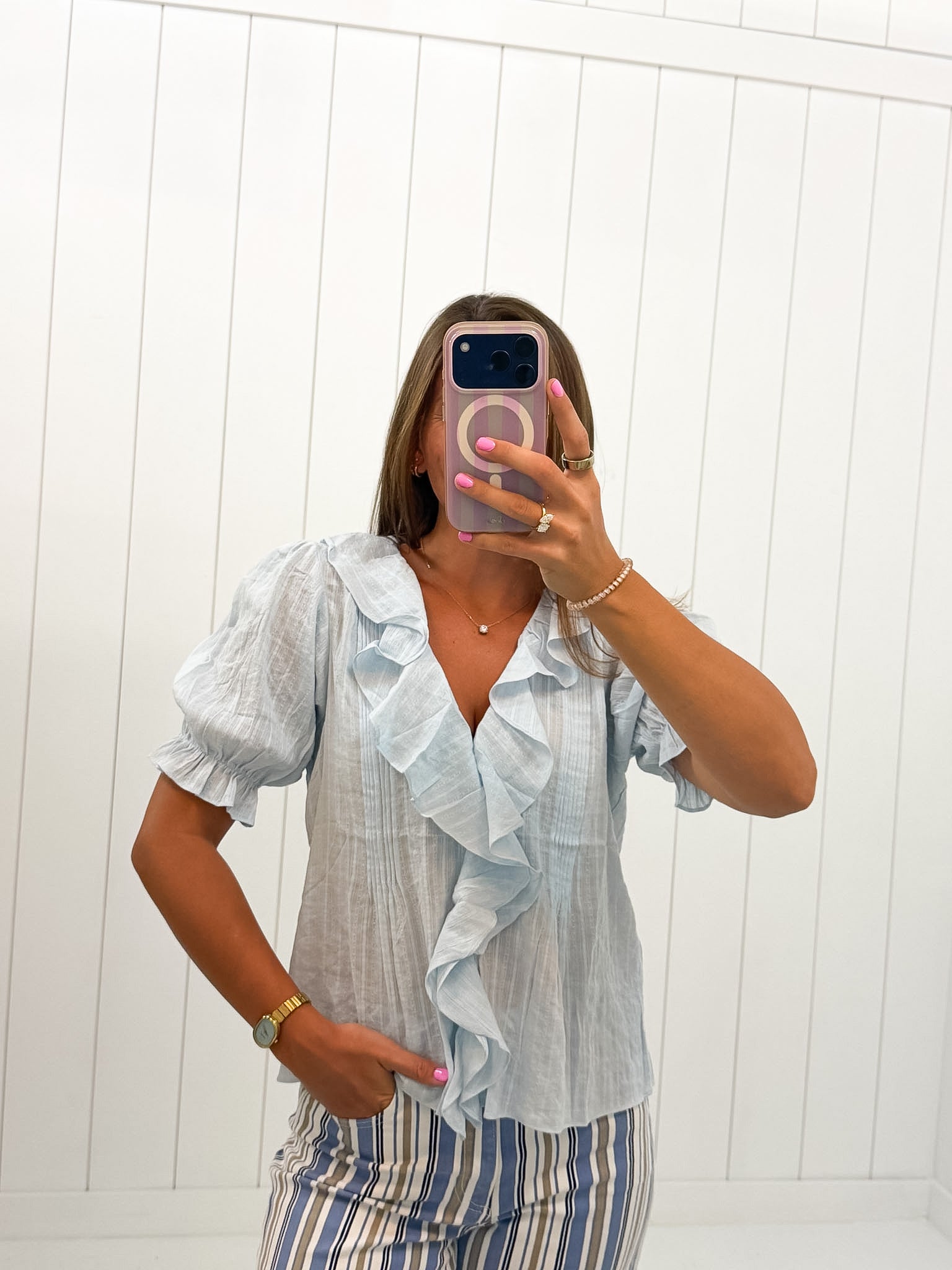 Blue V-Neck Short Sleeve Top showing color: light blue