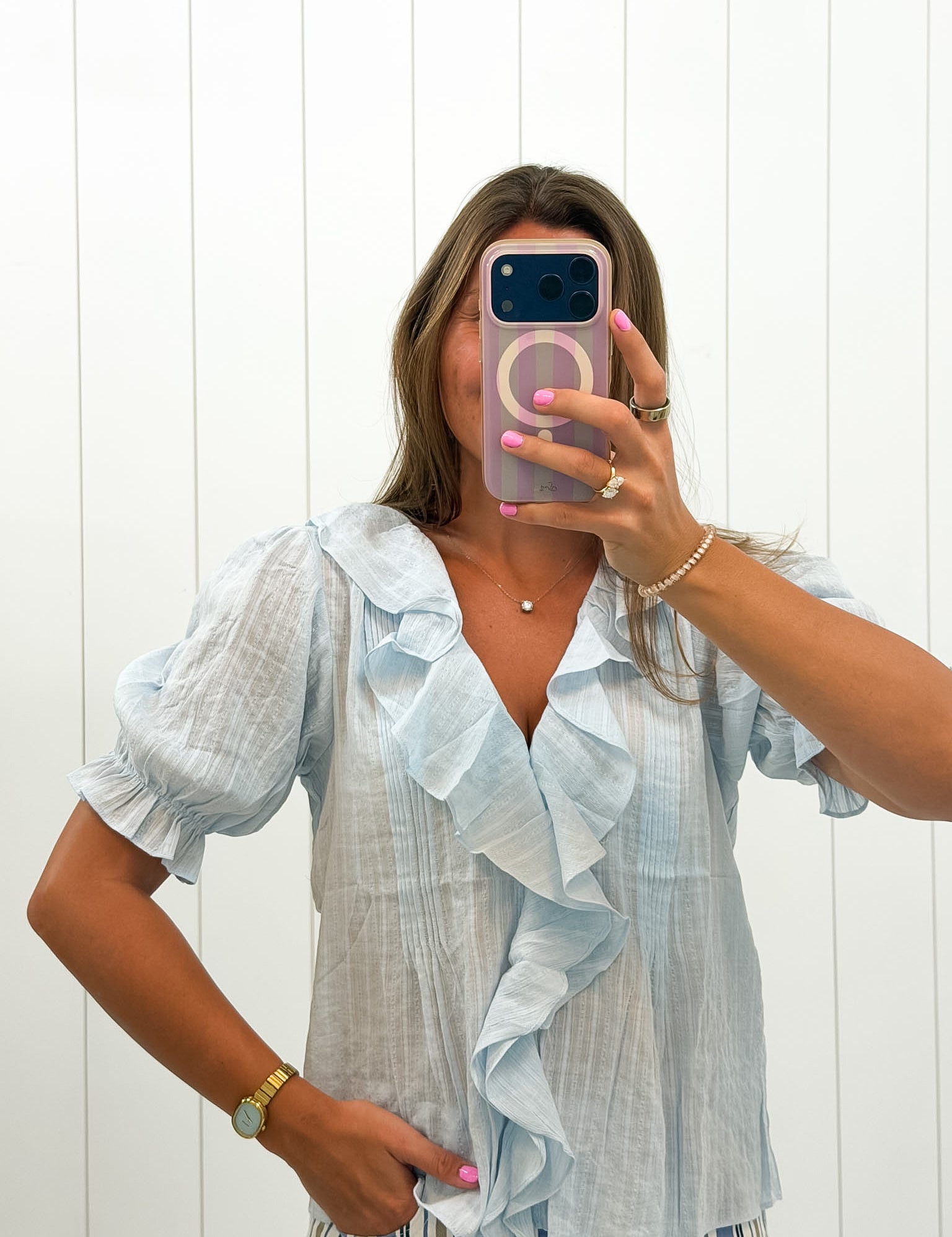 Blue V-Neck Short Sleeve Top — color: light blue and v-neckline