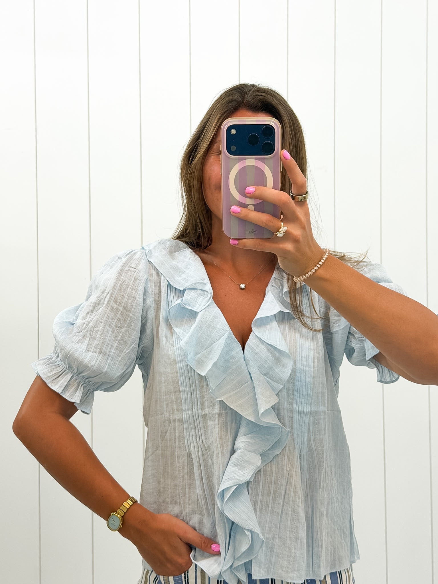 Blue V-Neck Short Sleeve Top — color: light blue and v-neckline