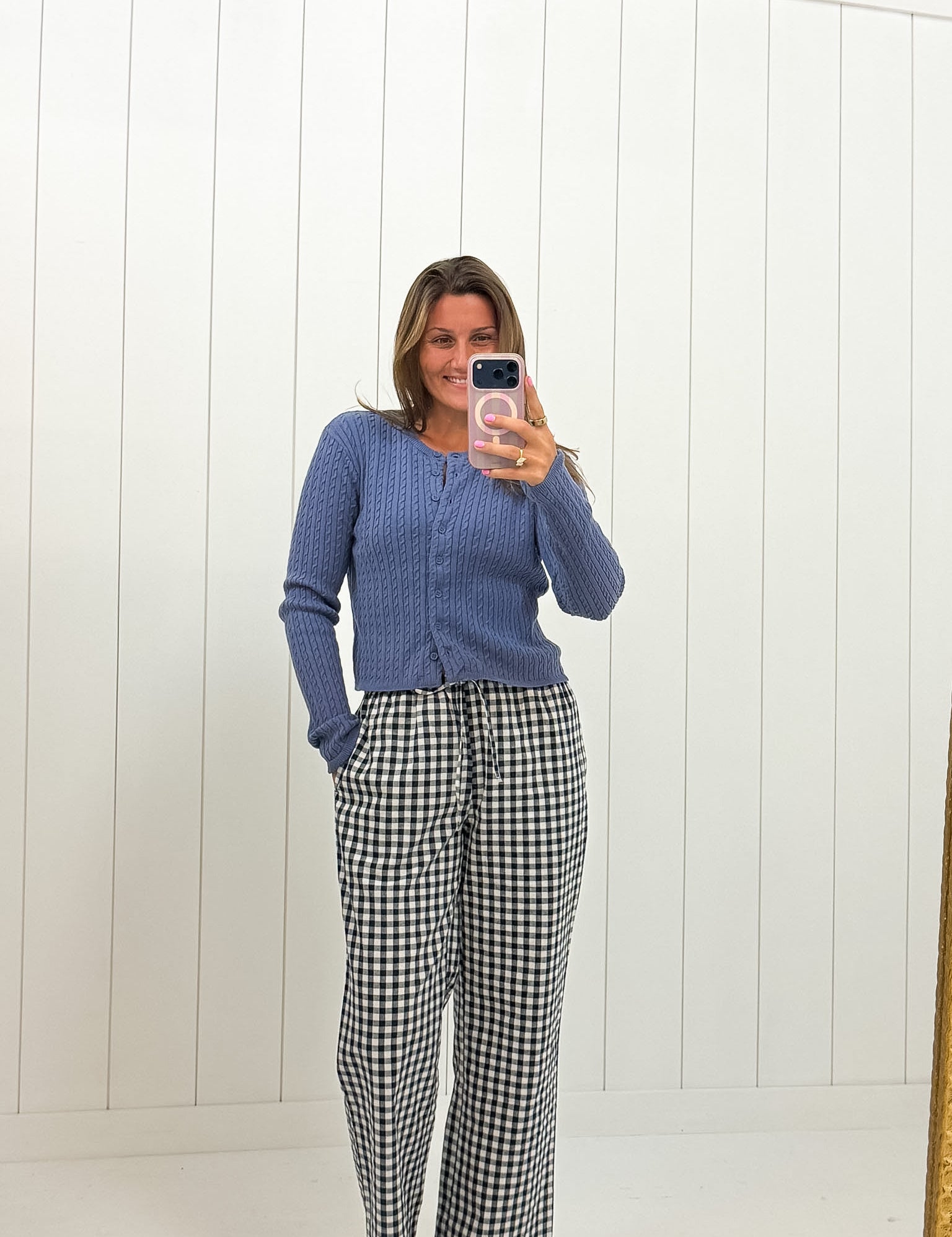 Blue Cable Knit Cardigan showing cable knit